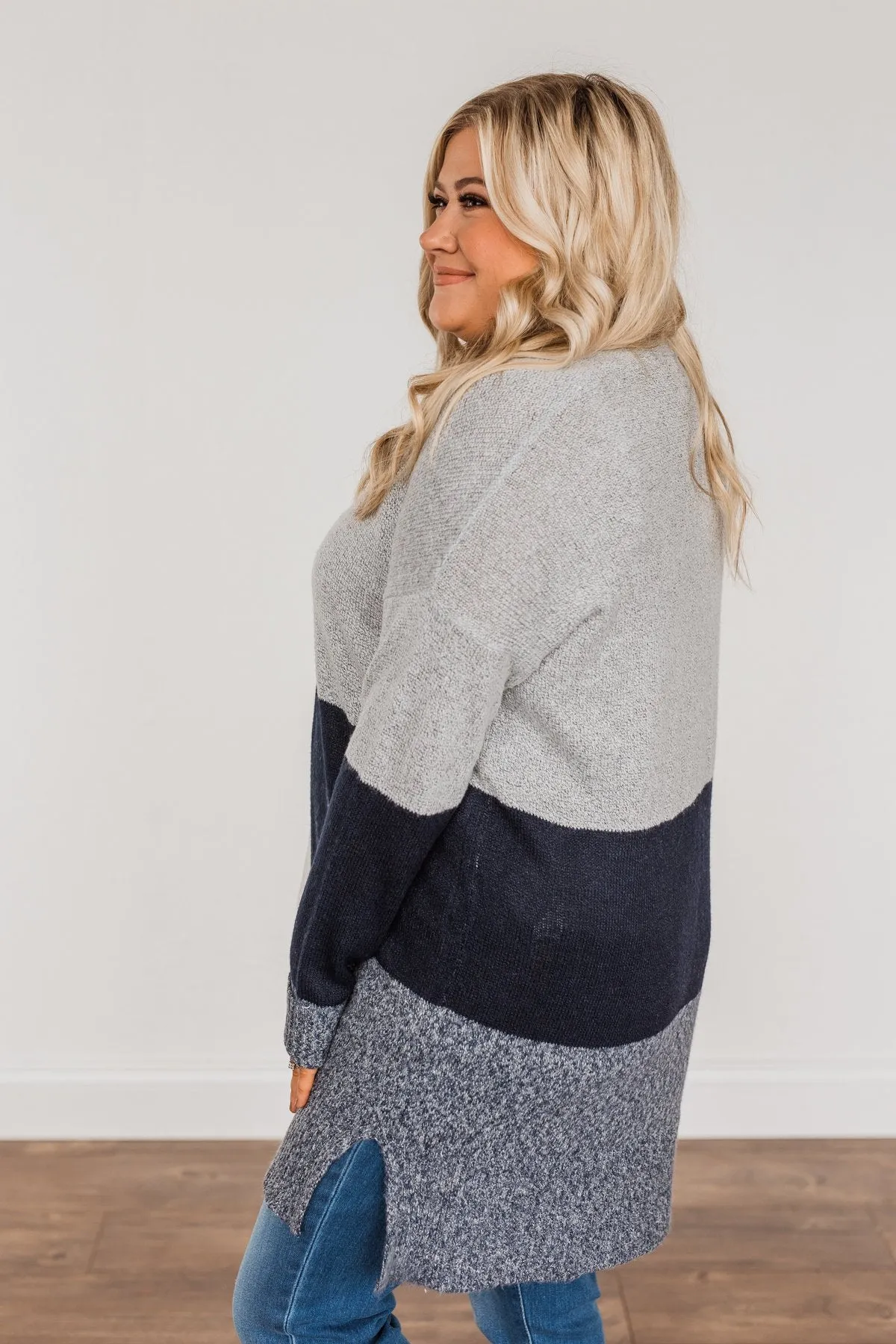 Frosty Mornings Color Block Cardigan- Grey & Navy