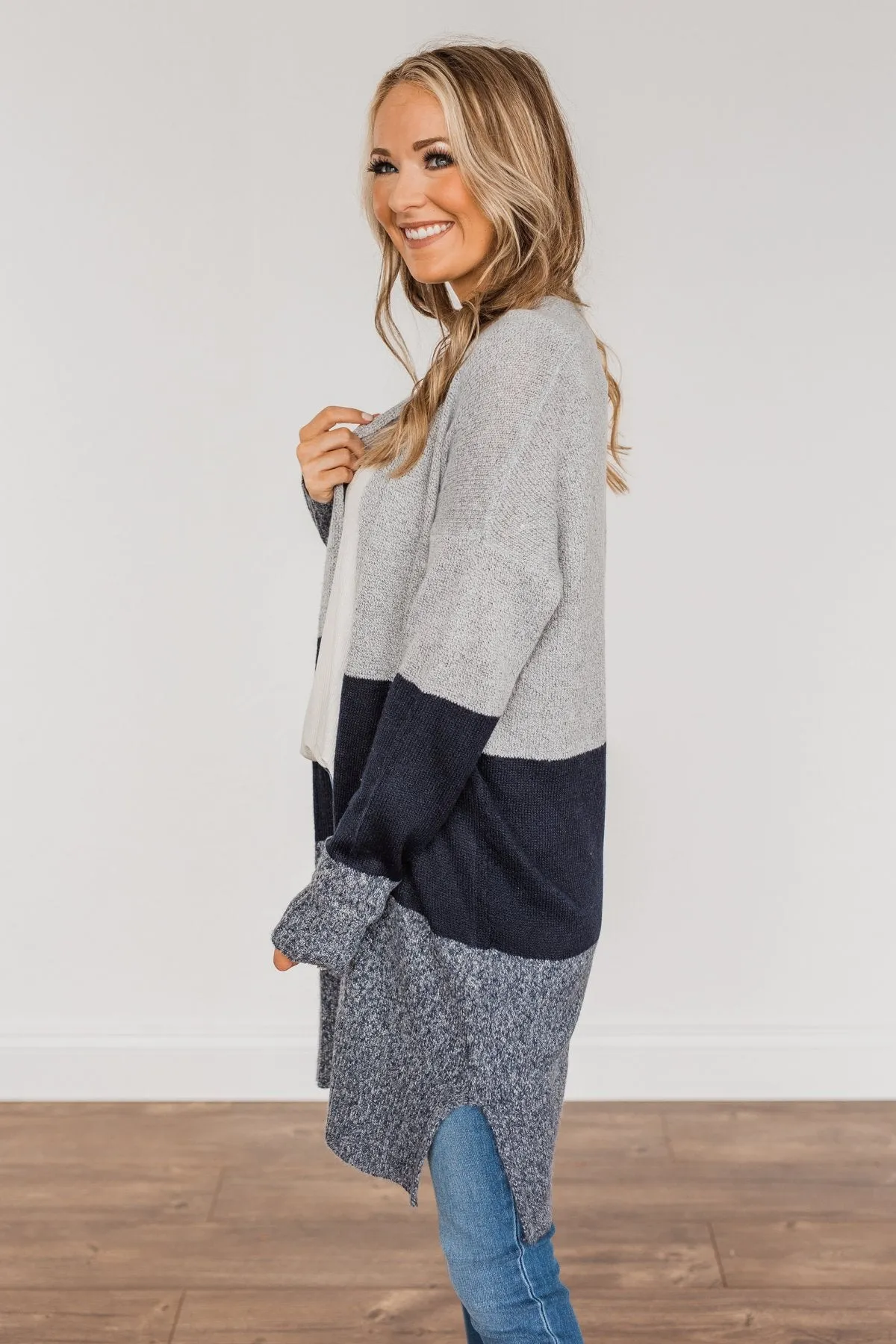 Frosty Mornings Color Block Cardigan- Grey & Navy