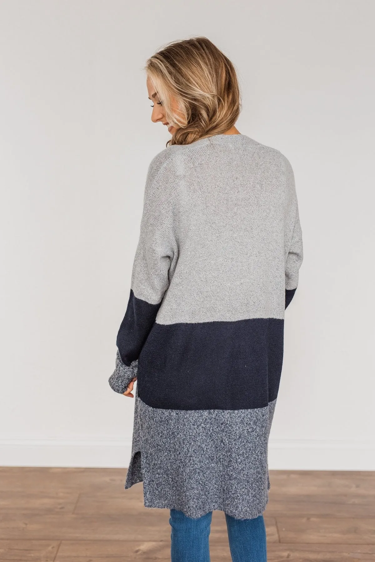 Frosty Mornings Color Block Cardigan- Grey & Navy