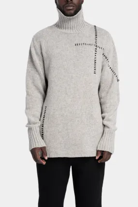 High neck scar-stitch detail knit sweater, Grey