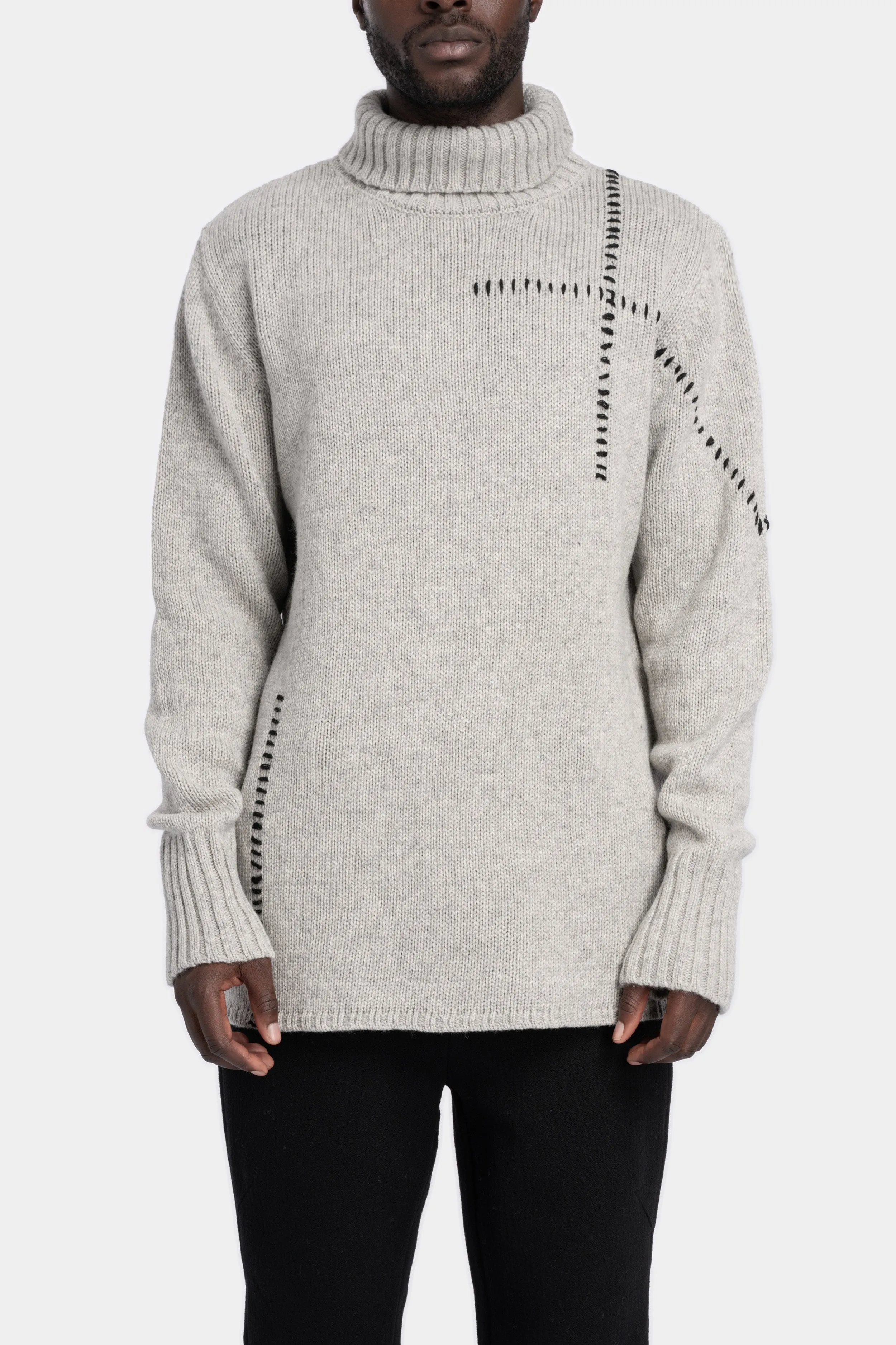 High neck scar-stitch detail knit sweater, Grey