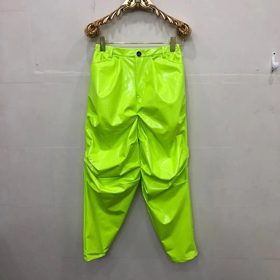 Men's Lemon Green Loose Pleated Shinny Bright Elastic Waist Casual Pants