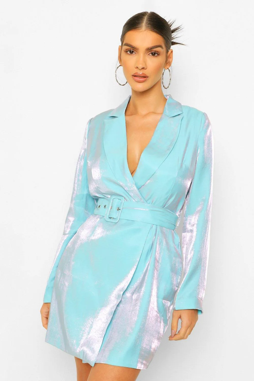 Metallic Satin Self Belt Blazer Dress