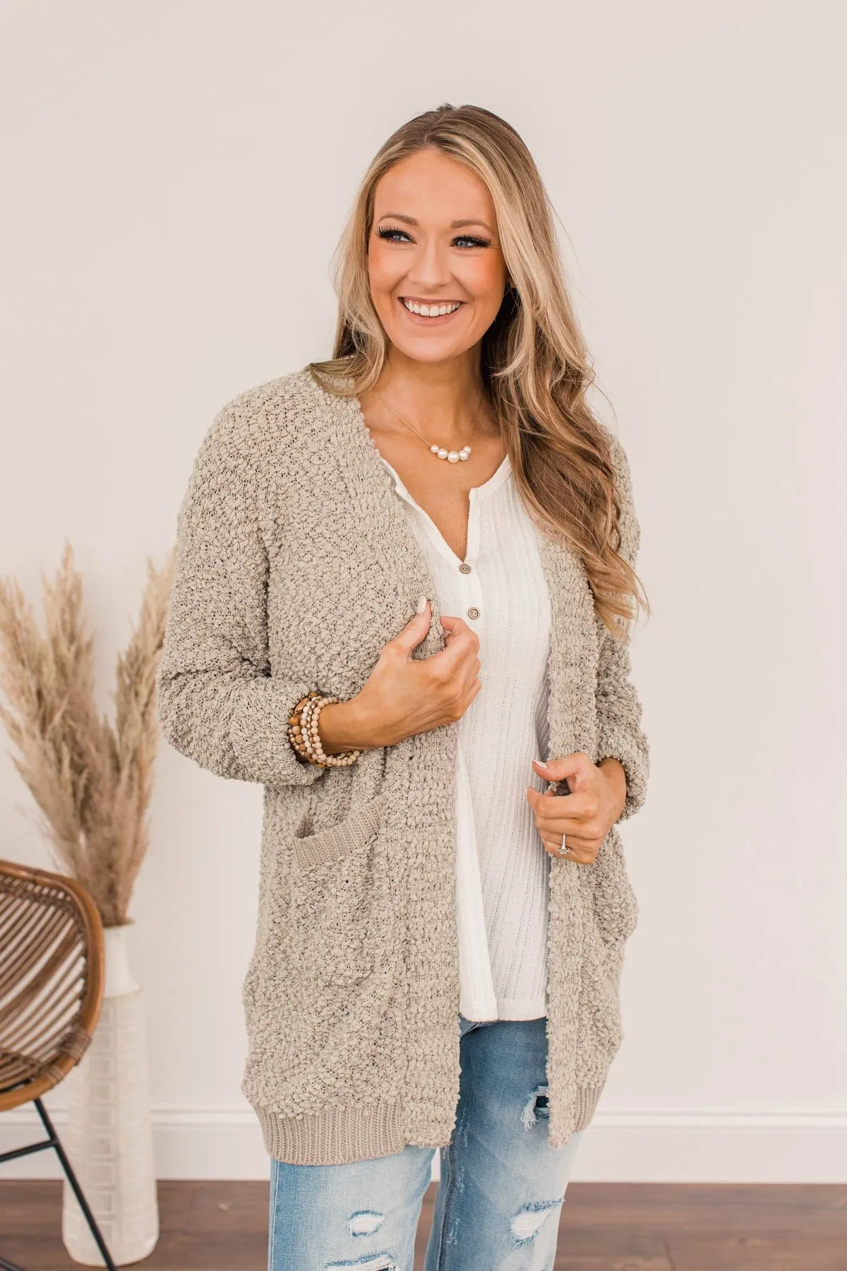 Movie Date Popcorn Knit Cardigan- Dusty Taupe