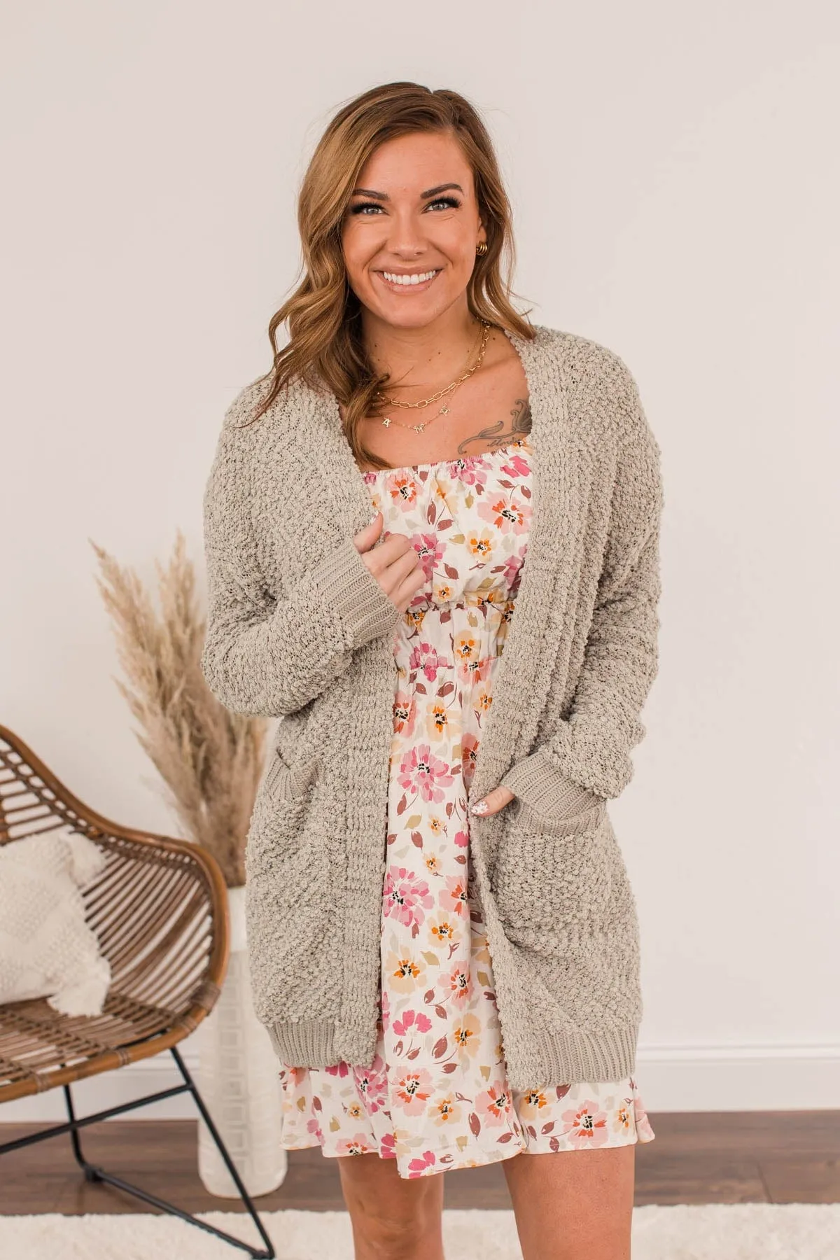 Movie Date Popcorn Knit Cardigan- Dusty Taupe