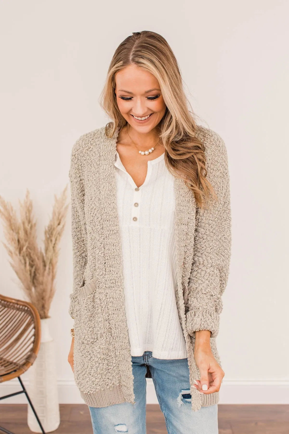 Movie Date Popcorn Knit Cardigan- Dusty Taupe