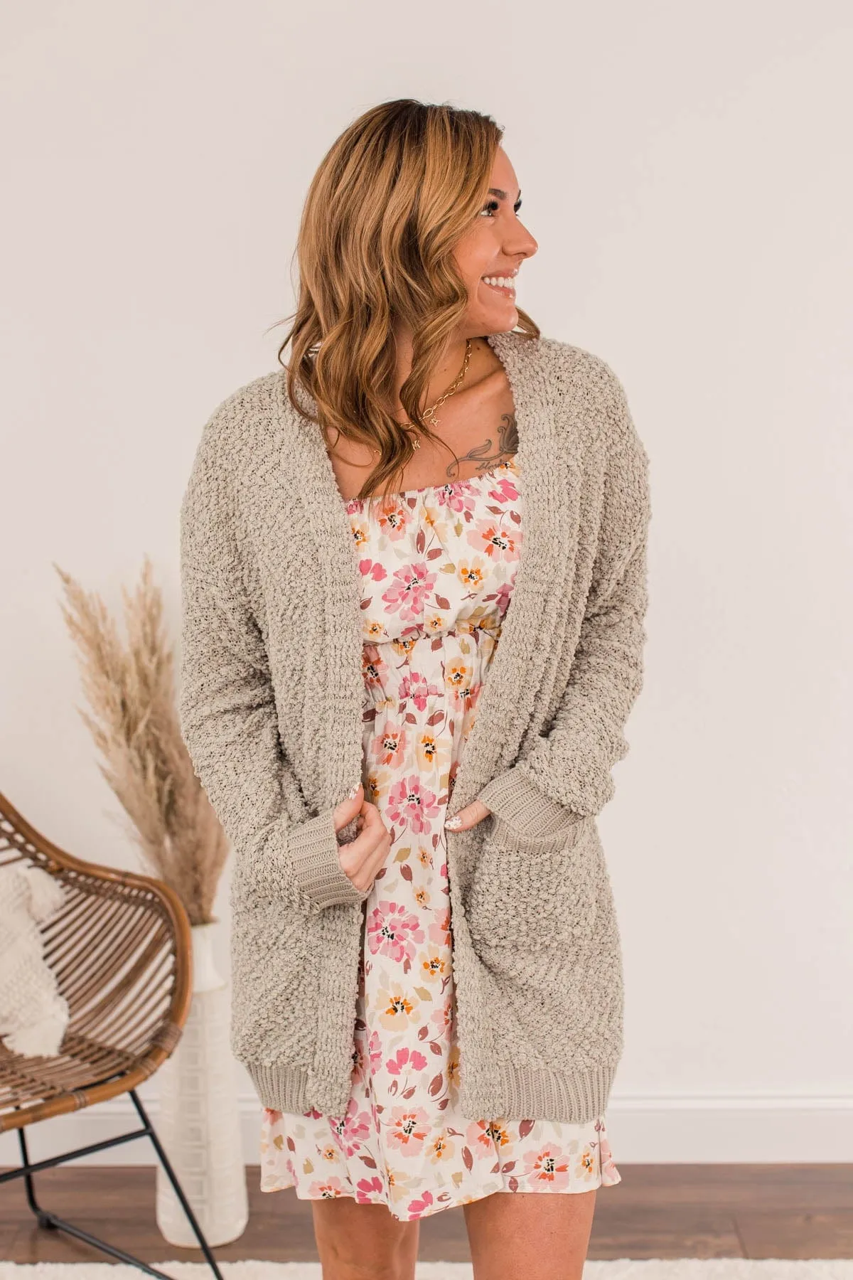 Movie Date Popcorn Knit Cardigan- Dusty Taupe