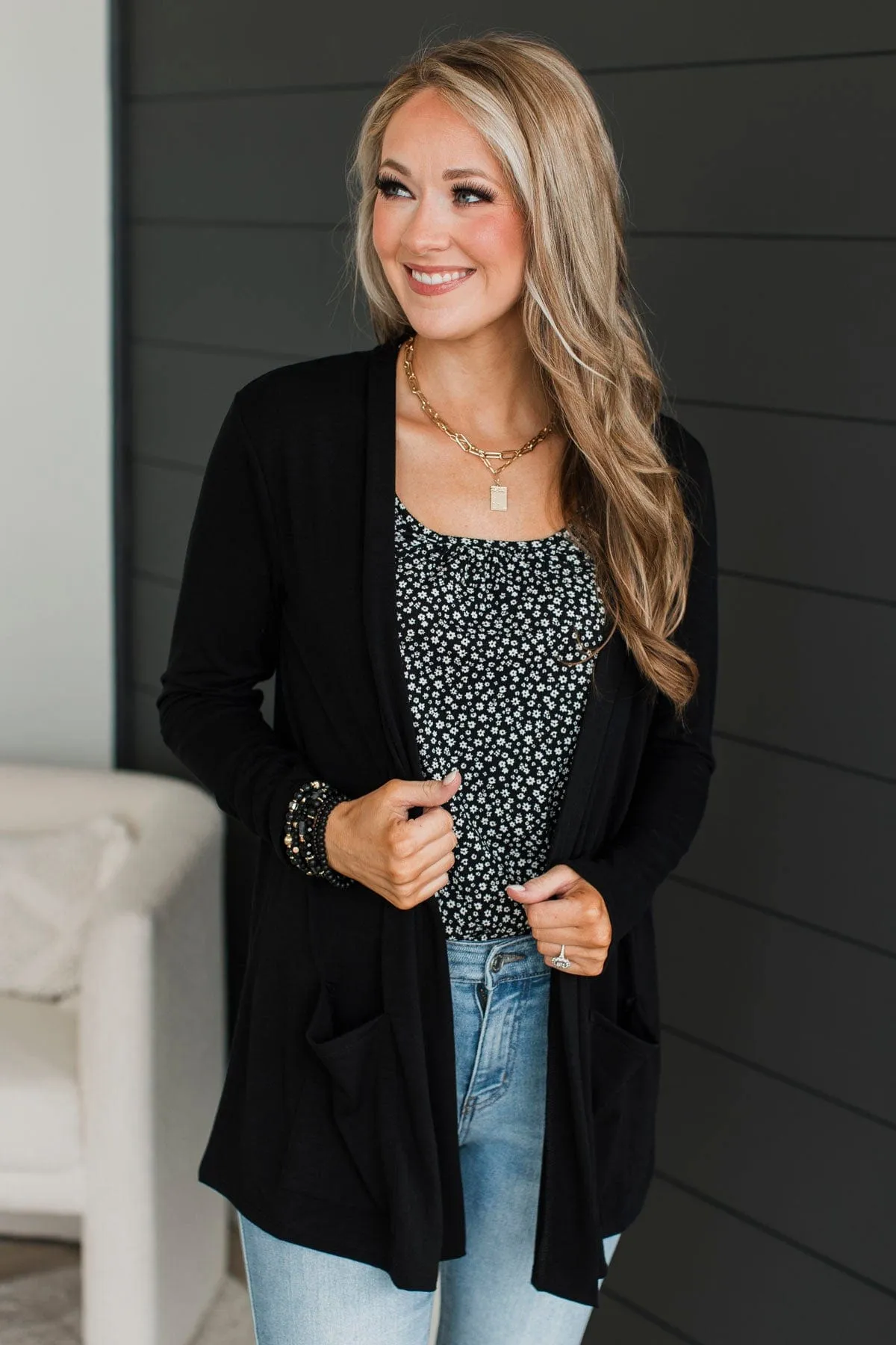 My Best Self Open Front Cardigan- Black