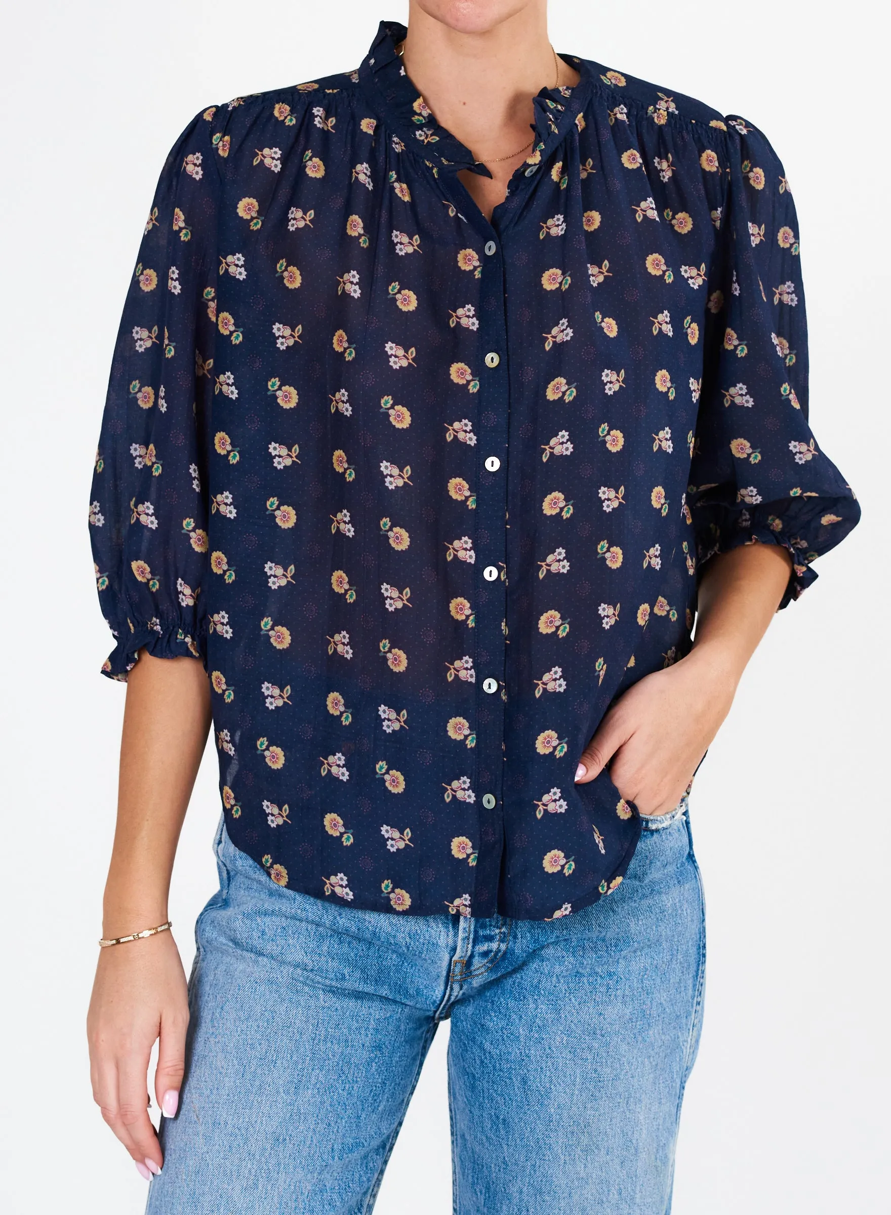 Navy-Printed Cotton-Silk Dulcie Shirt