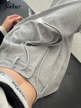 New High Waist American Solid Color Women's Pants Drawstring Loose Straight Pants Woman Grey Casual Pants Summer Female