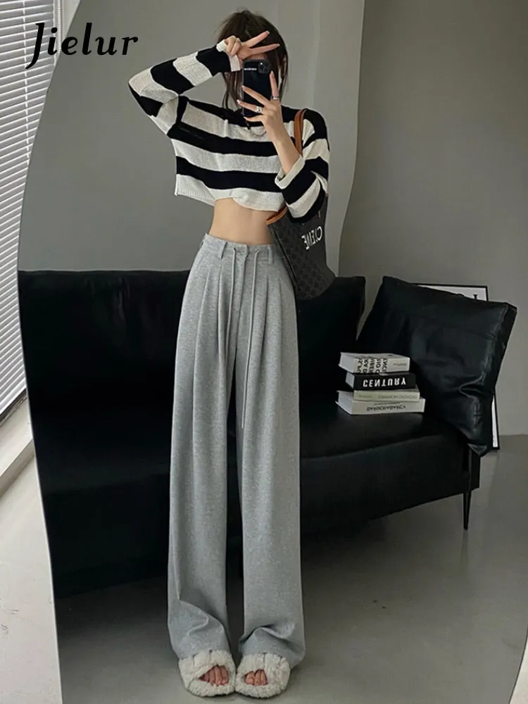 New High Waist American Solid Color Women's Pants Drawstring Loose Straight Pants Woman Grey Casual Pants Summer Female