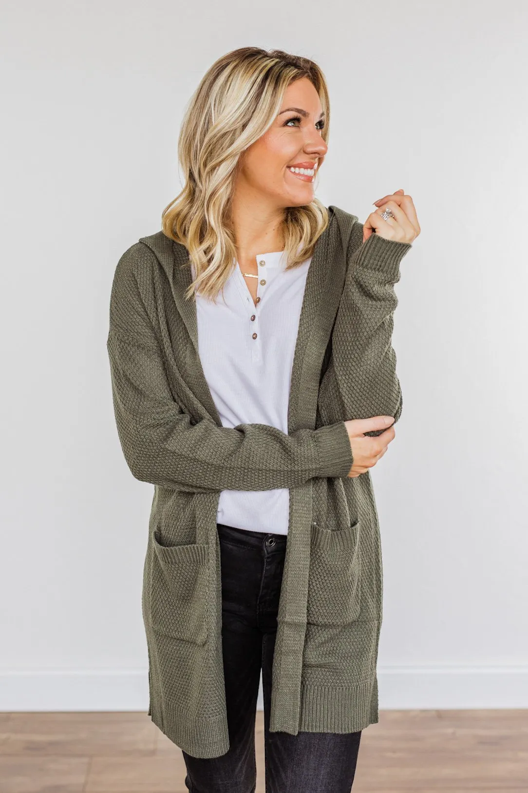 Nothing To Prove Hooded Knit Cardigan- Olive