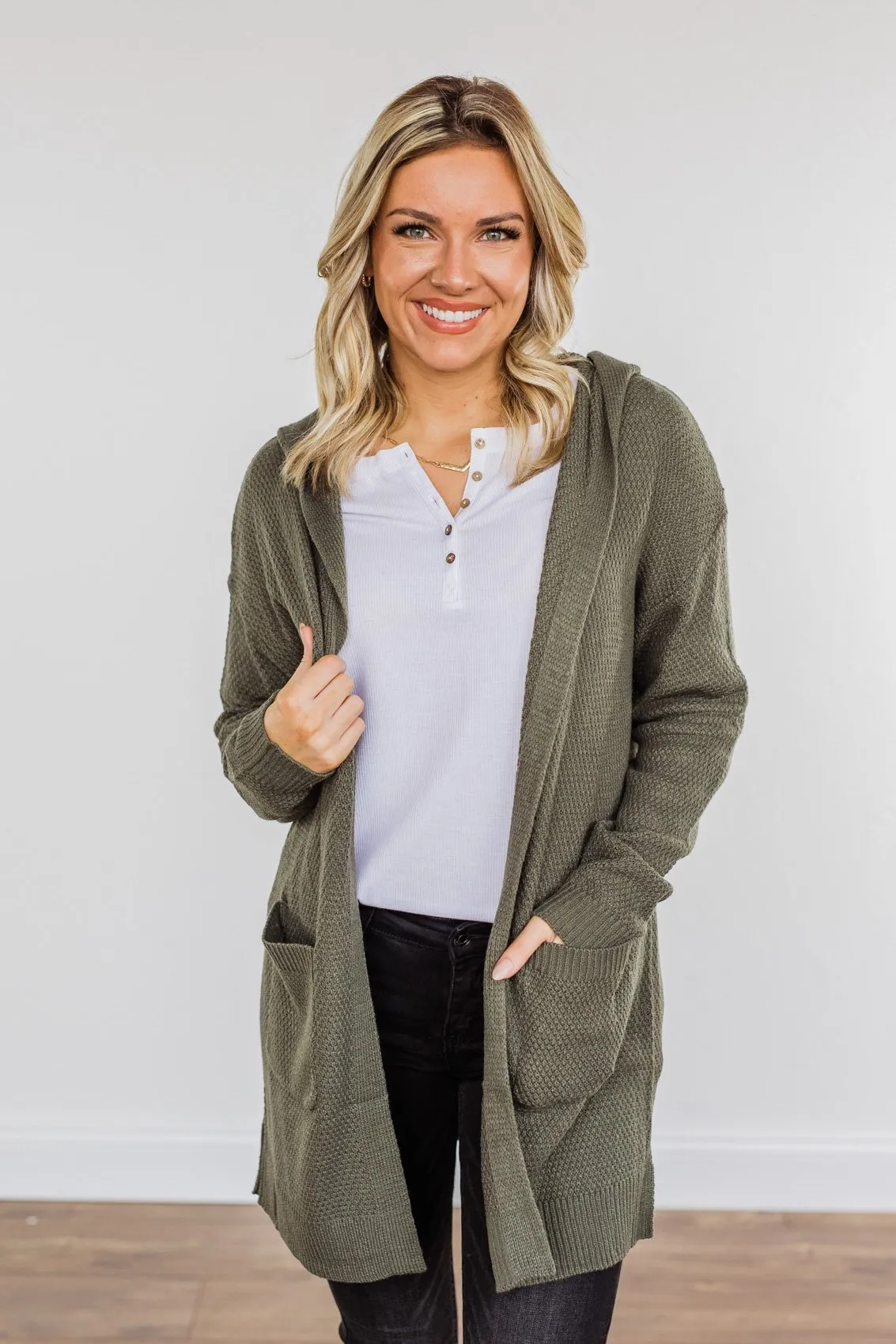 Nothing To Prove Hooded Knit Cardigan- Olive