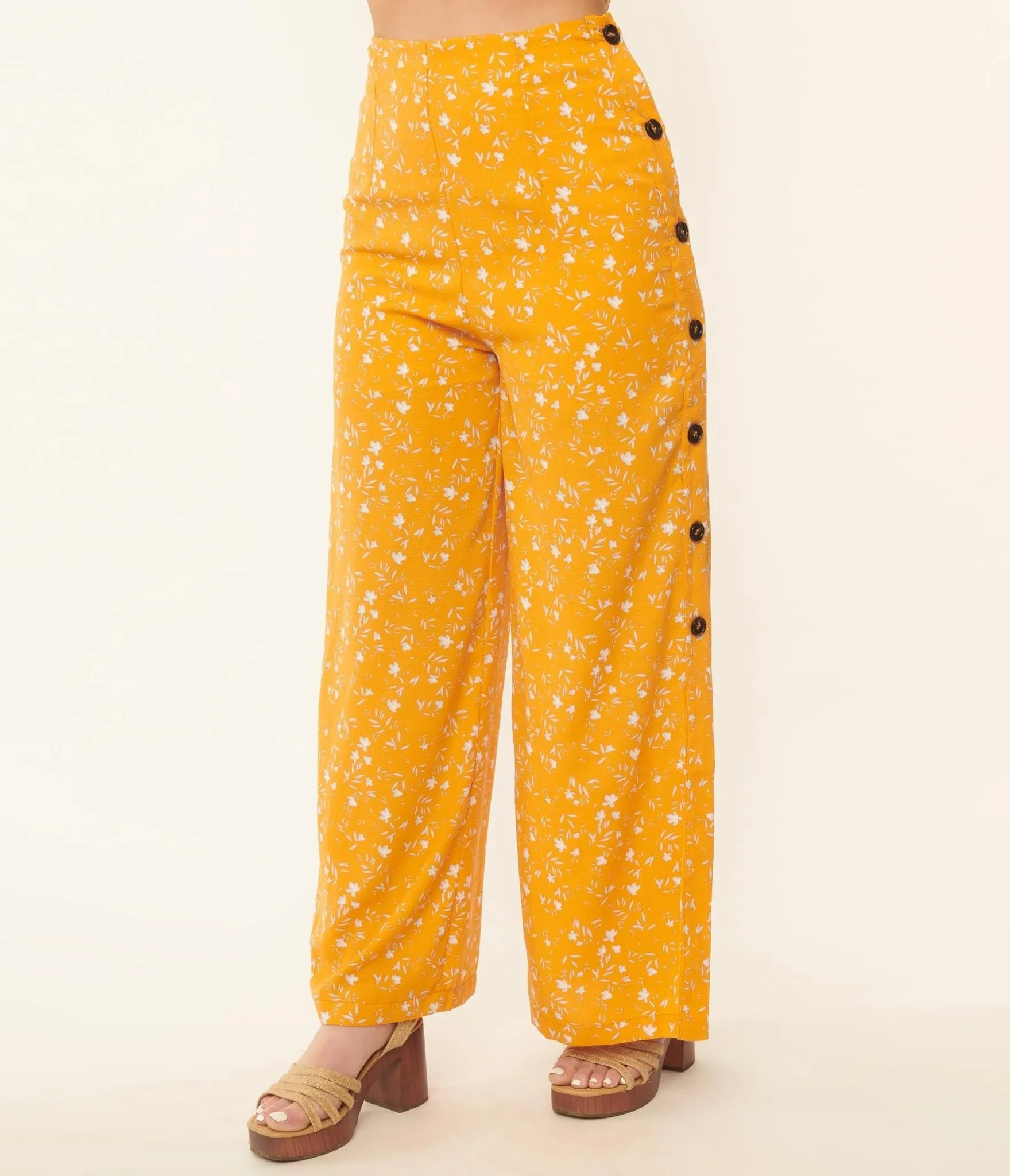 Orange & White Floral Side Button Pants