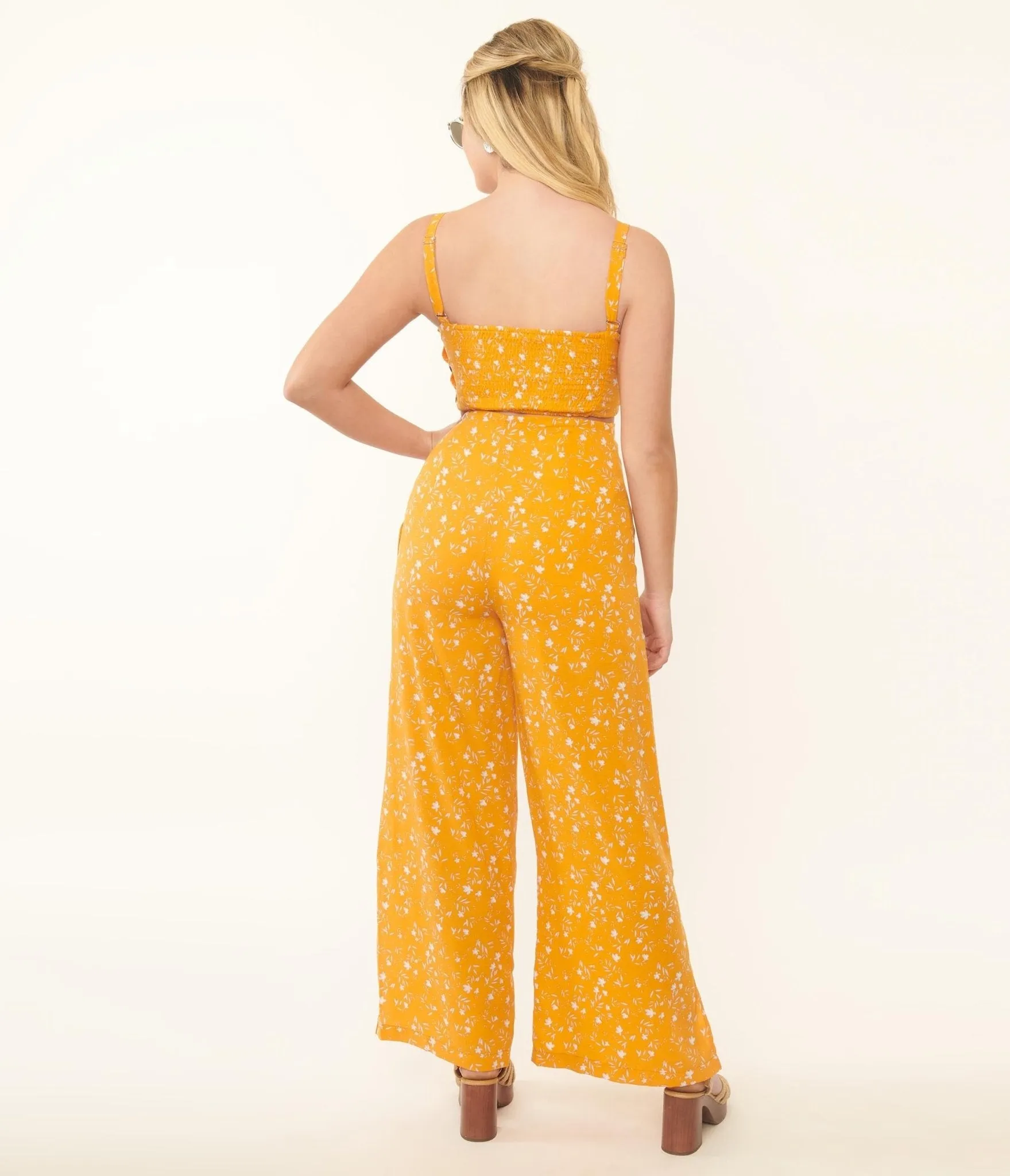 Orange & White Floral Side Button Pants