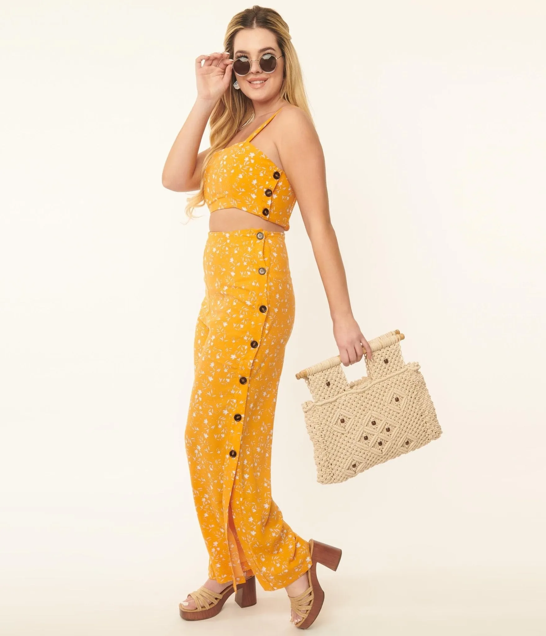 Orange & White Floral Side Button Pants