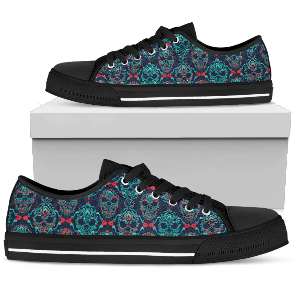 Ornamental Sugar Skull Low Top Shoes Black