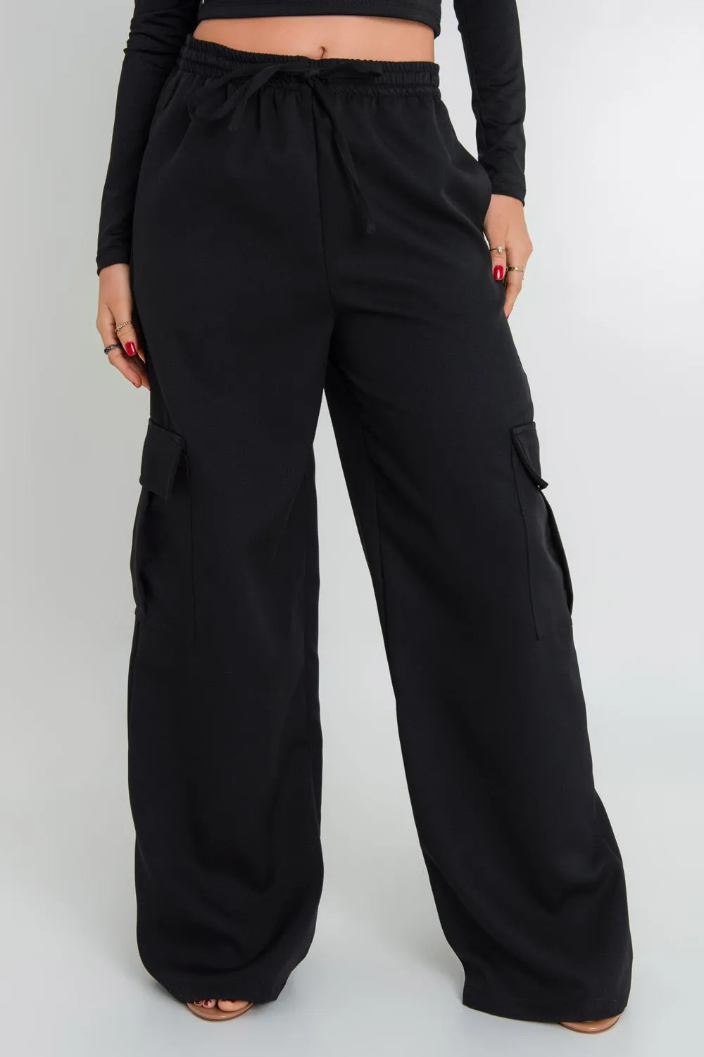 Pantalón cargo wide leg cintura alta con jareta