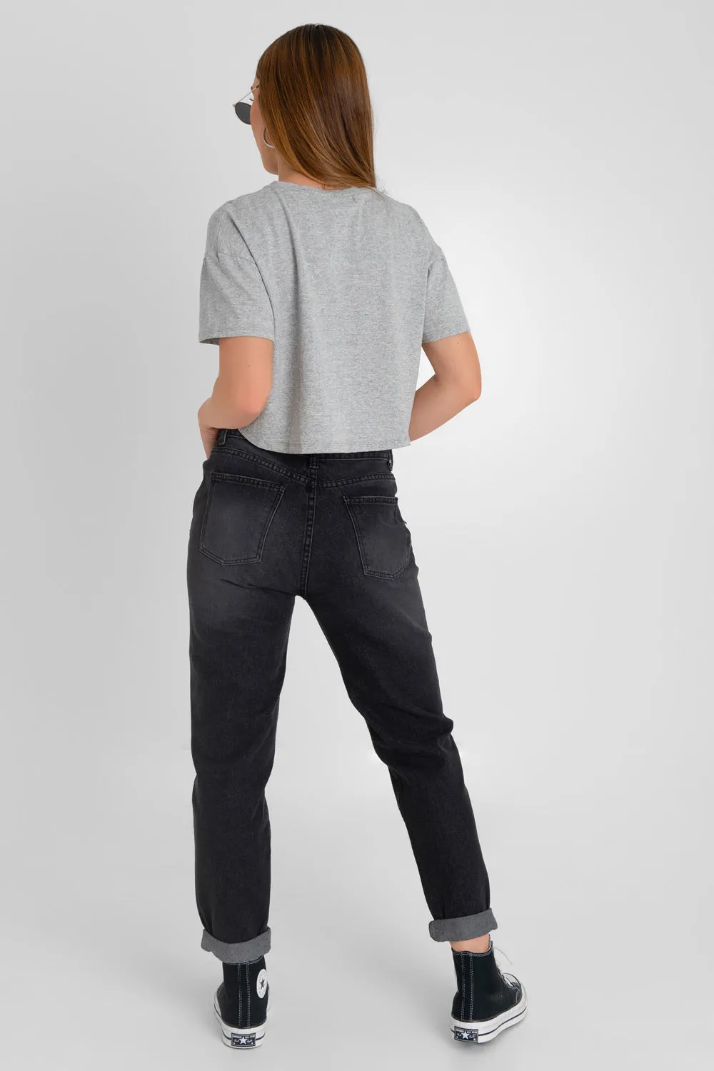 Pantalón cintura alta mom fit de denim