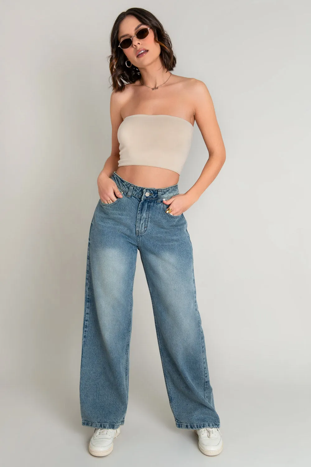 Pantalón de denim fit wide leg con tiro alto