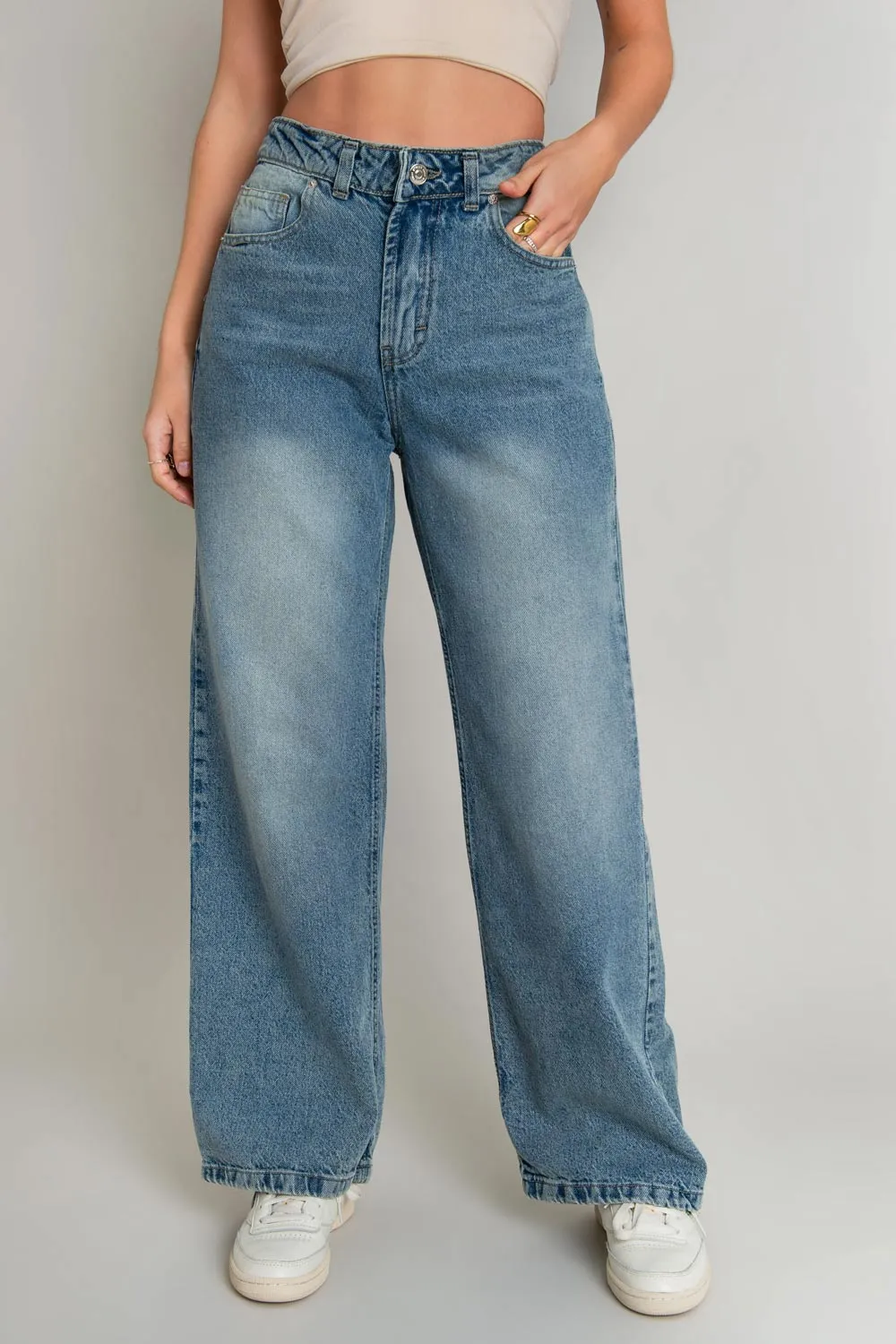 Pantalón de denim fit wide leg con tiro alto