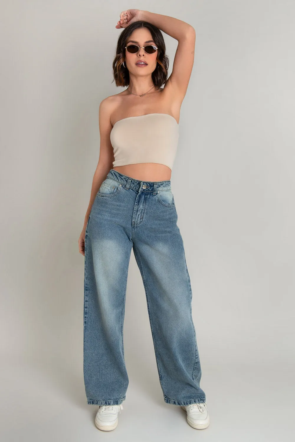 Pantalón de denim fit wide leg con tiro alto