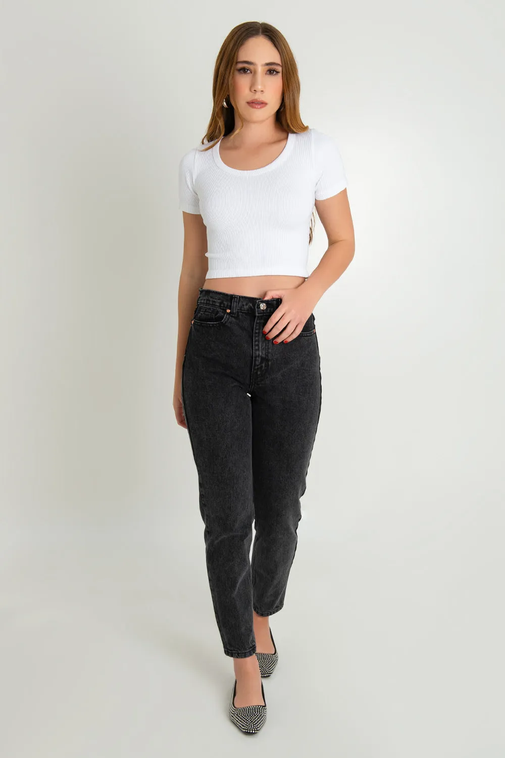 Pantalón de denim mom fit con tiro alto