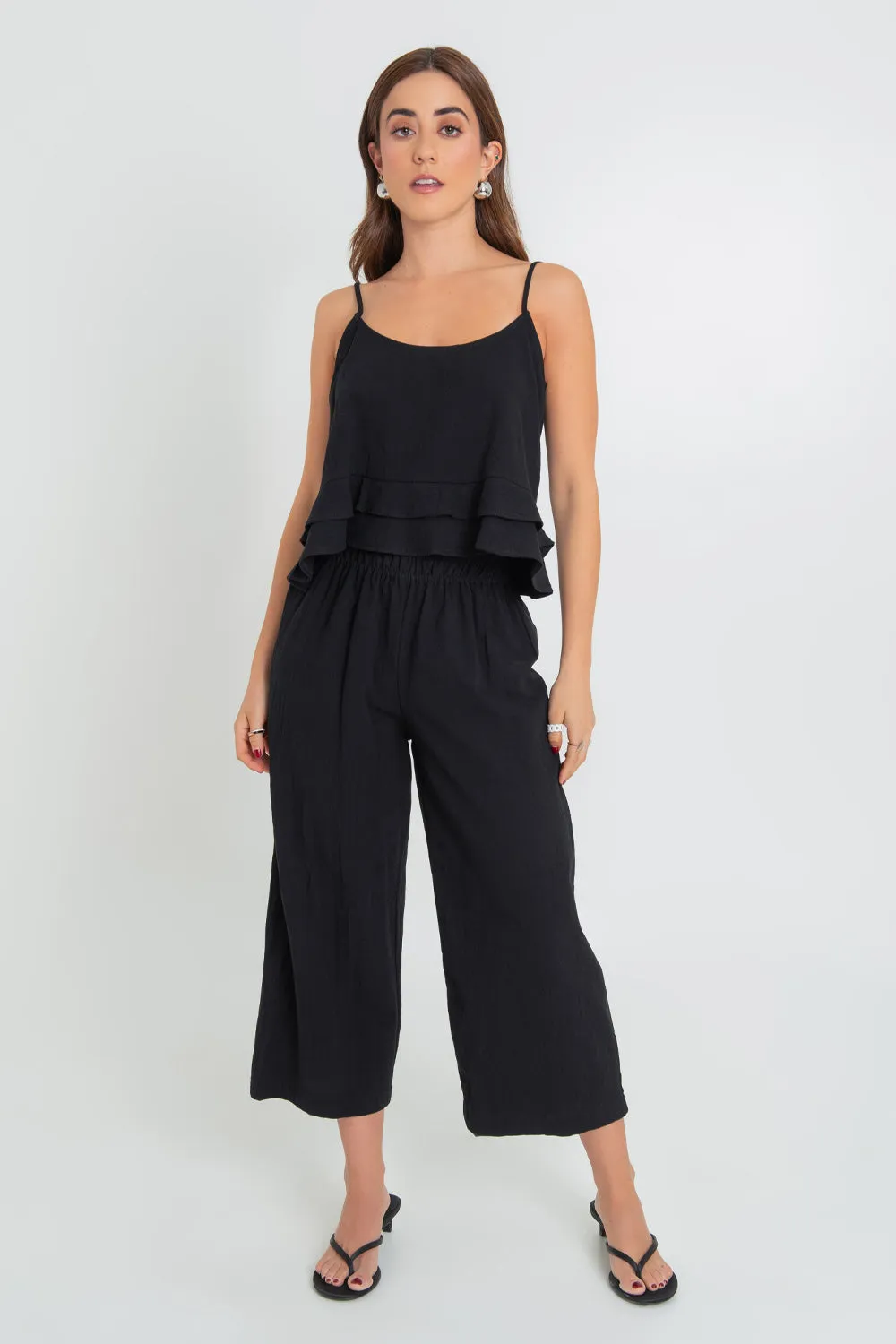 Pantalón fit culotte cintura alta elástica