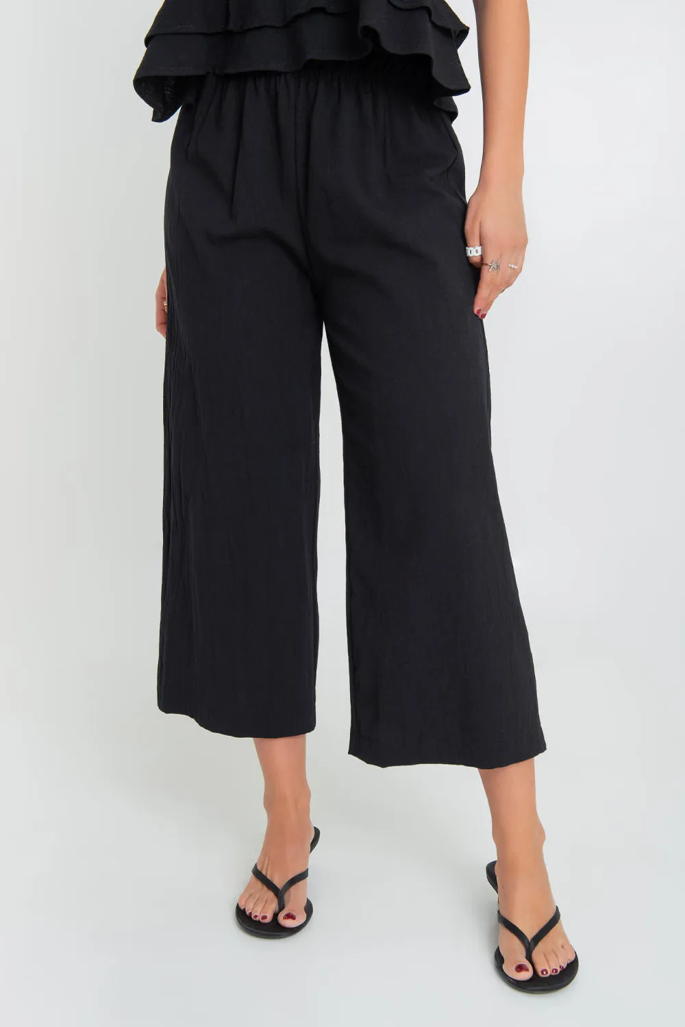 Pantalón fit culotte cintura alta elástica