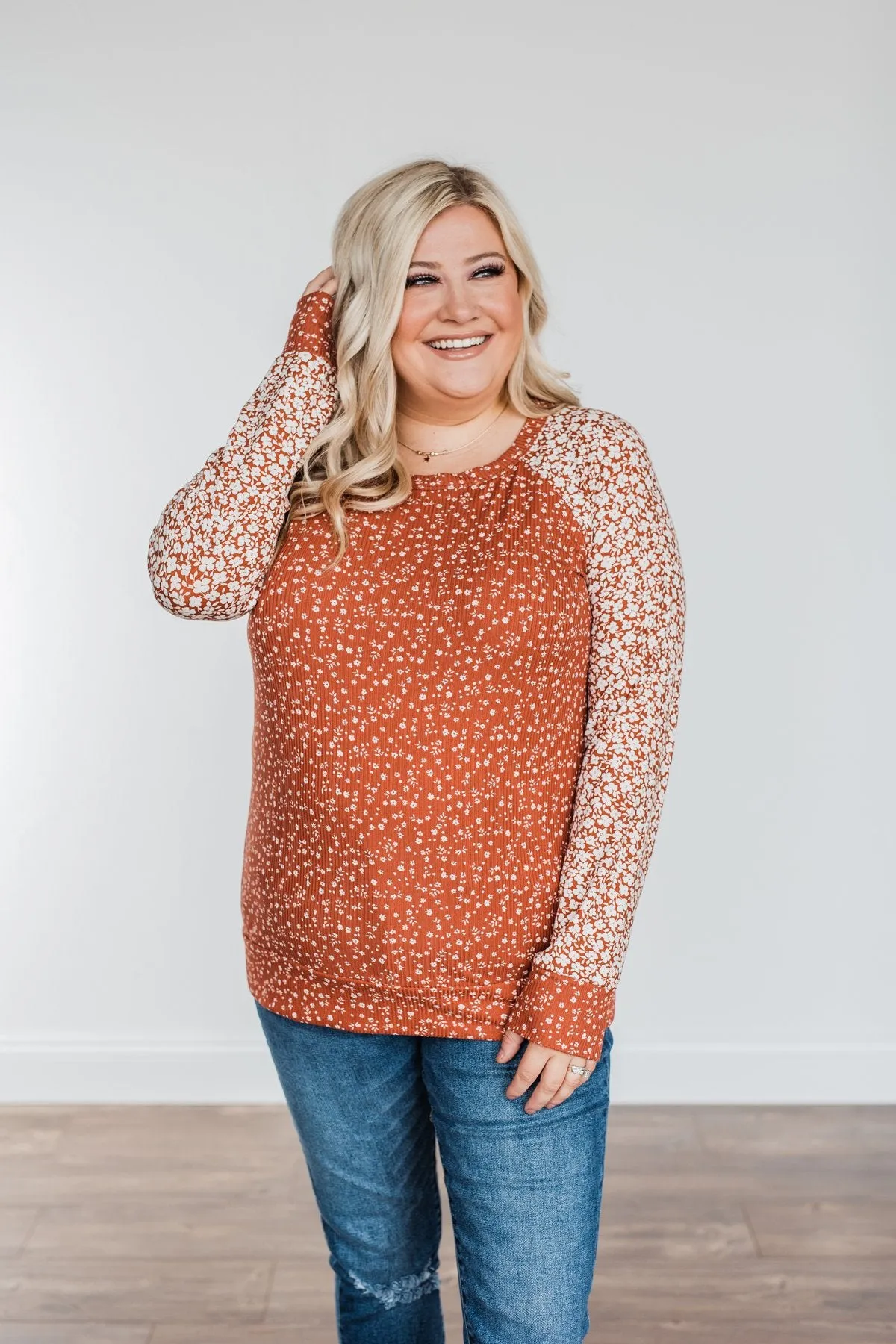 Radiant Joy Ribbed Floral Top- Rust