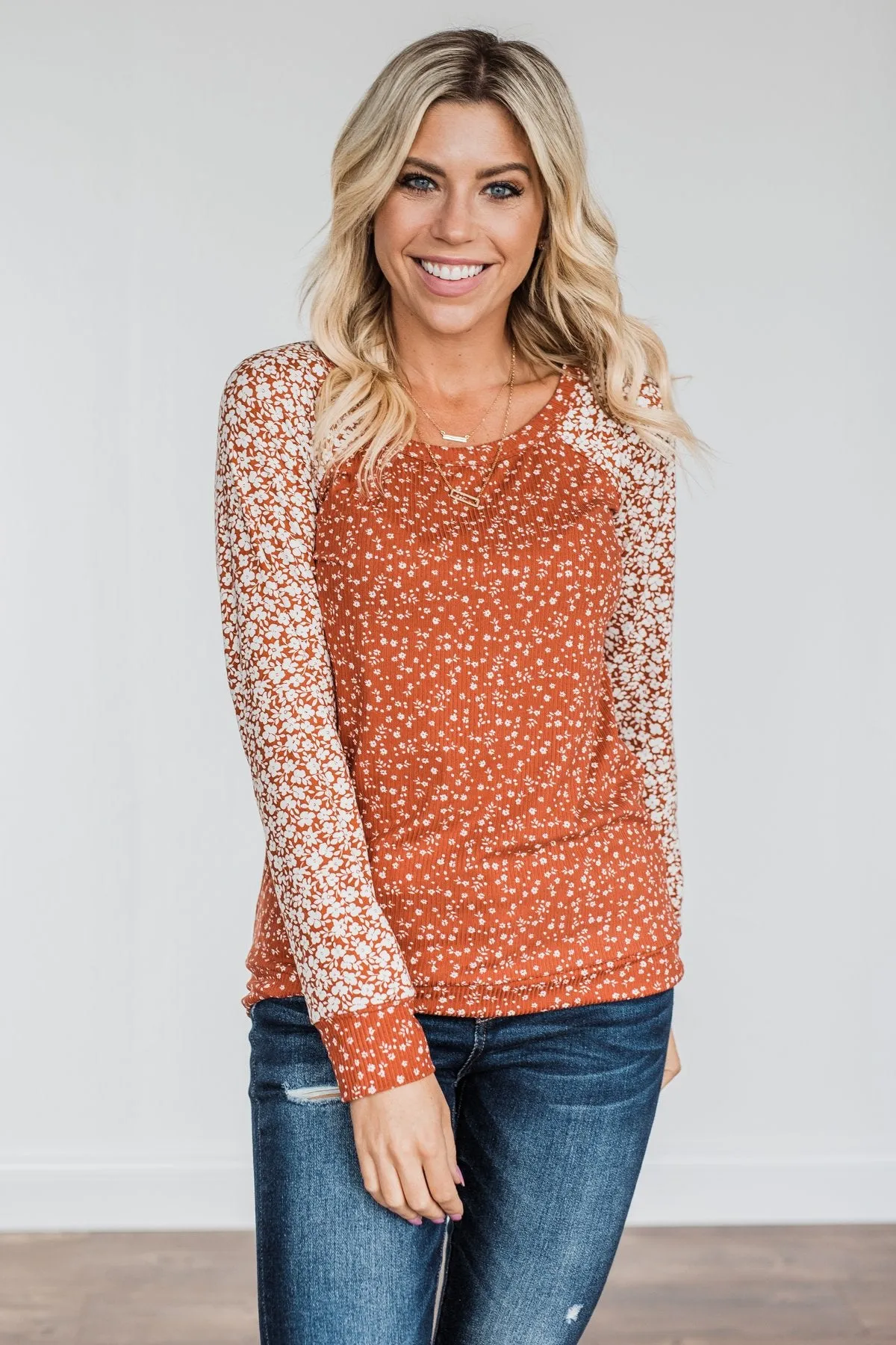 Radiant Joy Ribbed Floral Top- Rust