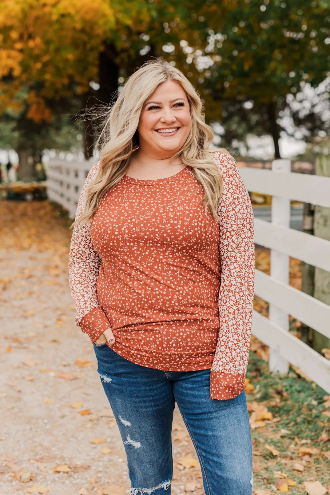 Radiant Joy Ribbed Floral Top- Rust