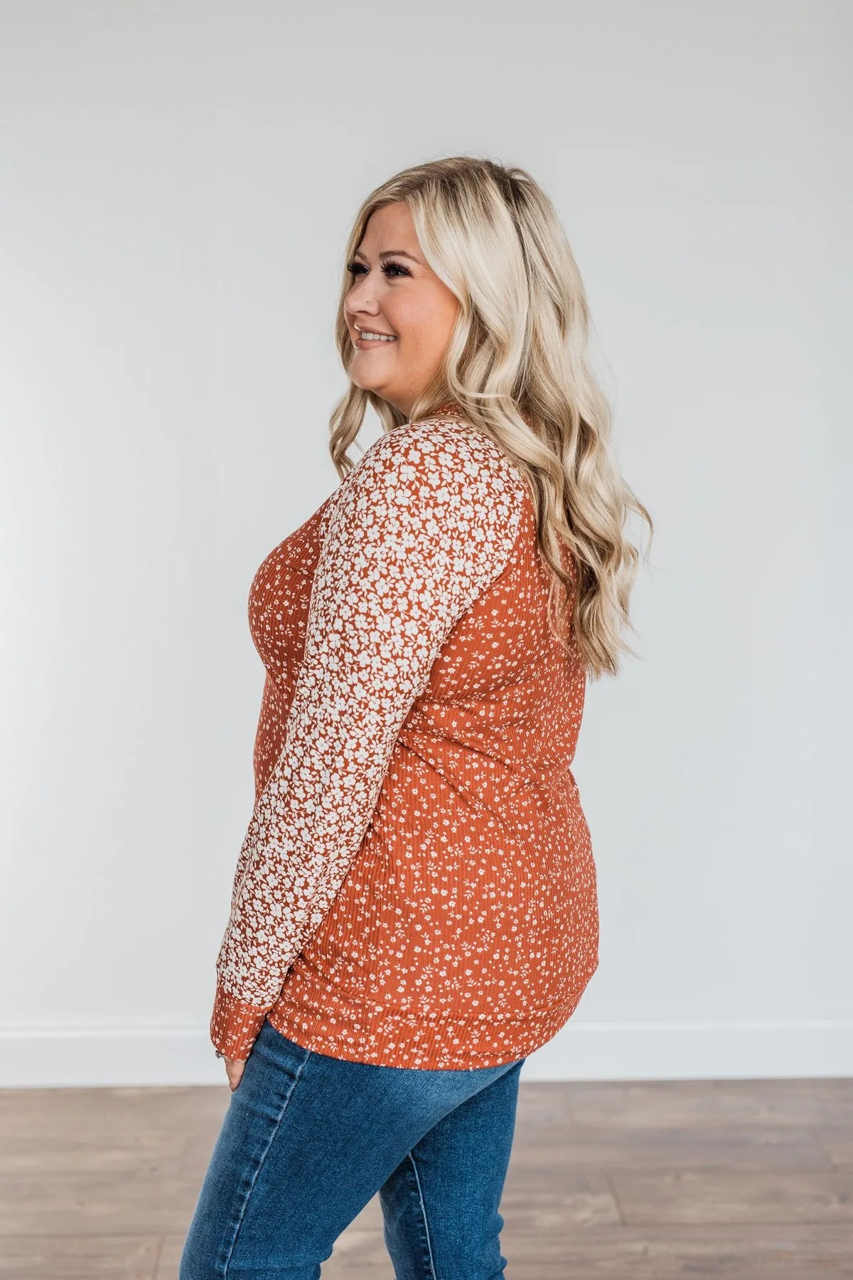 Radiant Joy Ribbed Floral Top- Rust