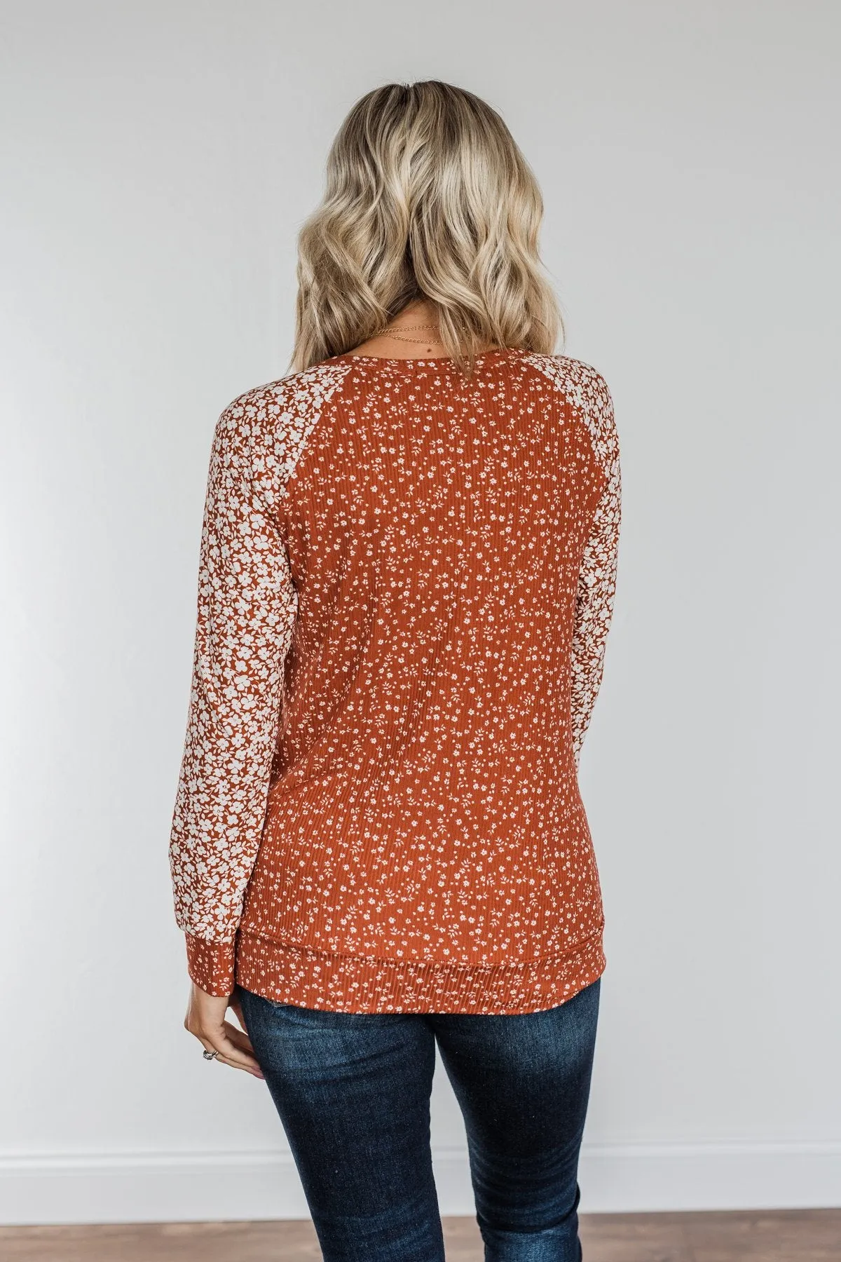 Radiant Joy Ribbed Floral Top- Rust