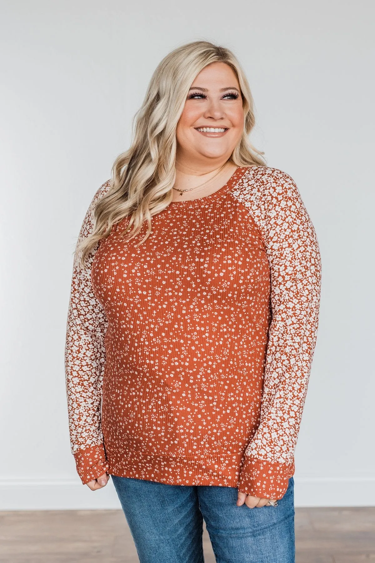 Radiant Joy Ribbed Floral Top- Rust