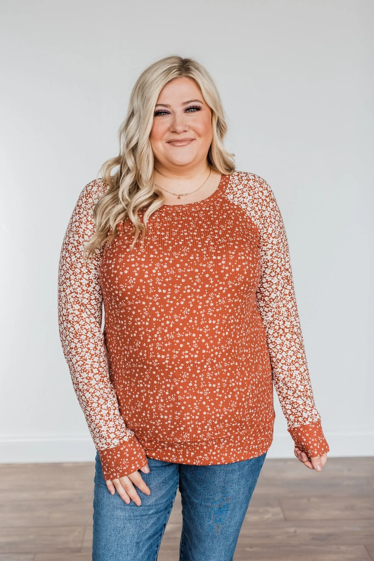 Radiant Joy Ribbed Floral Top- Rust