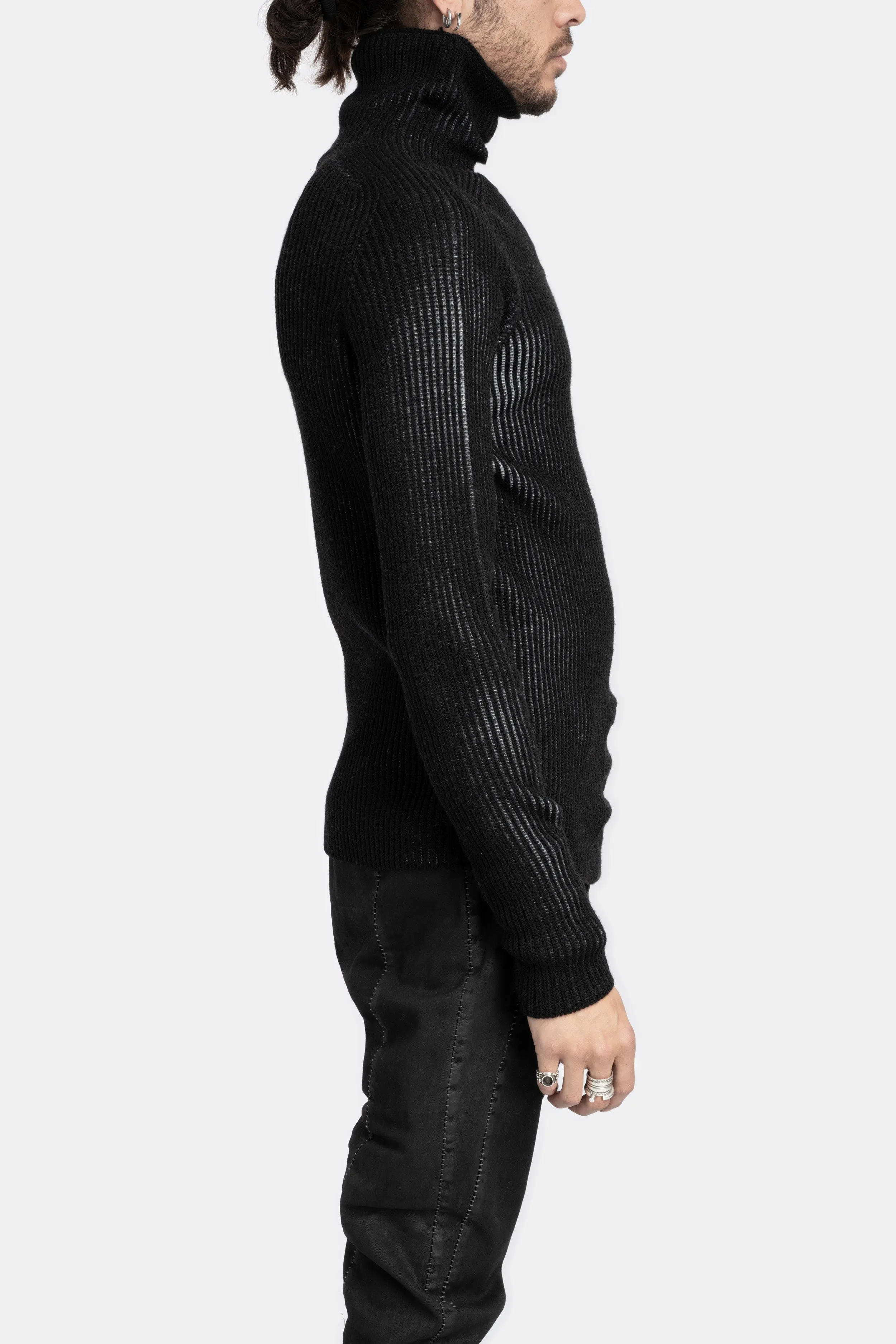 Ribbed wool knit high neck sweater