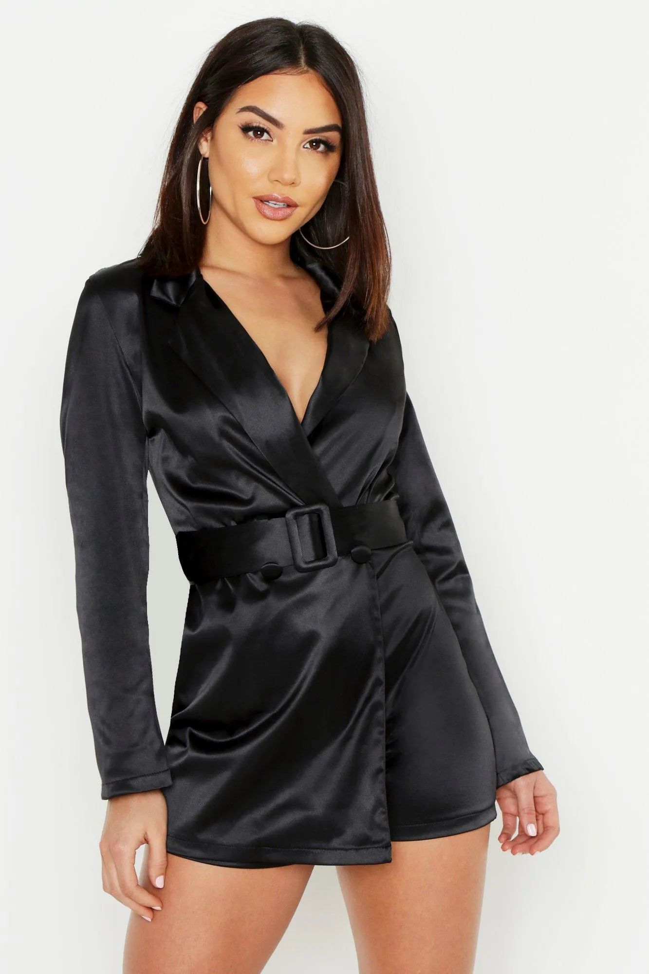 Satin Self Belted Long Sleeve Blazer Romper