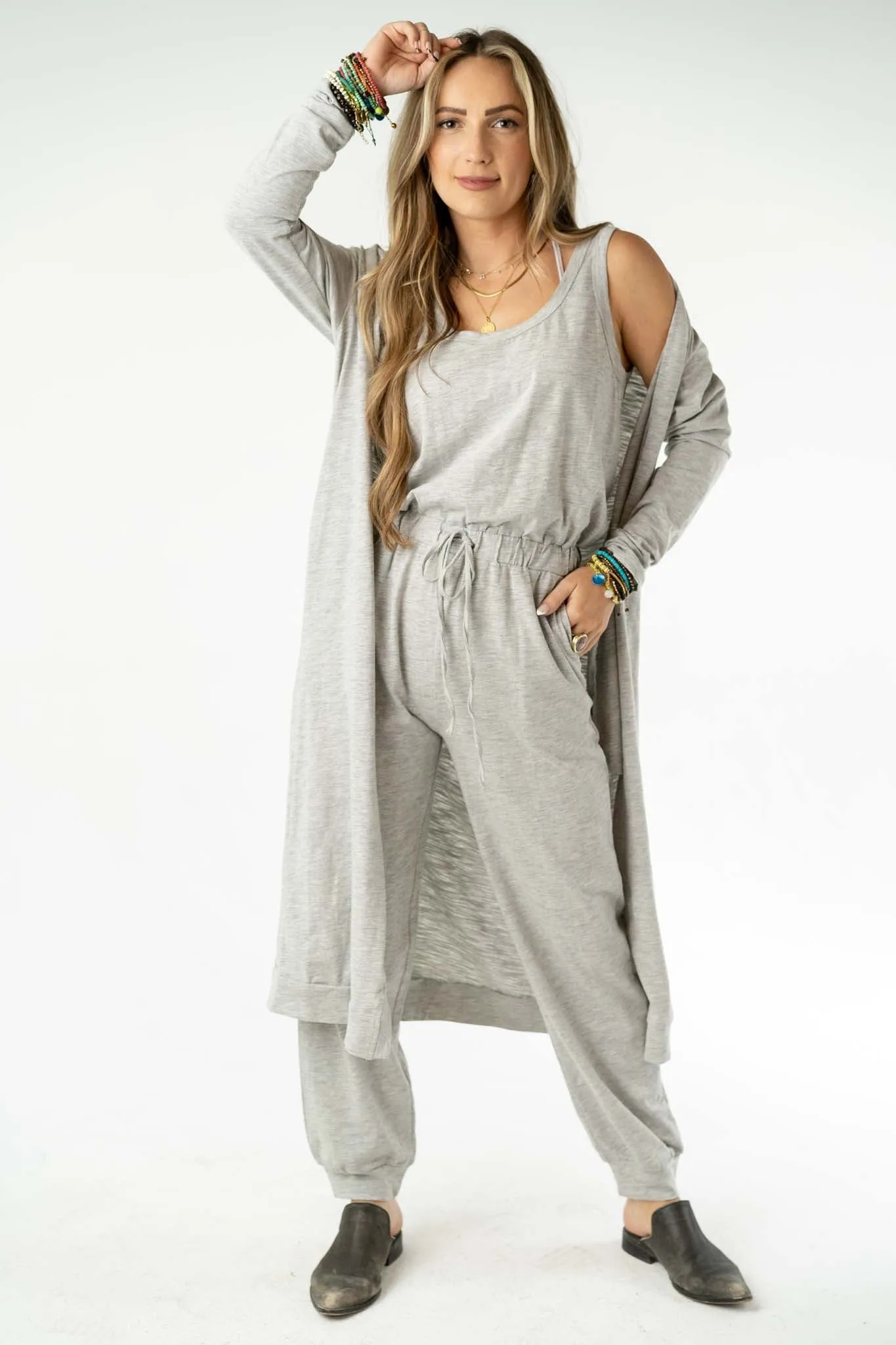 Set to Go Textured Jumpsuit And Cardigan Set - Heather Gray