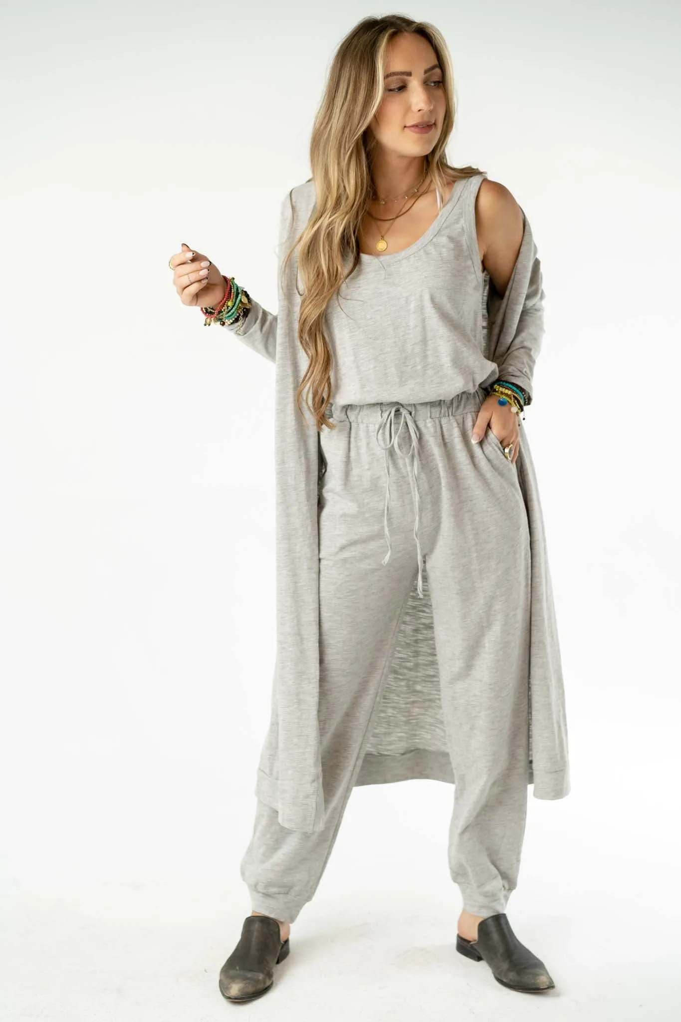 Set to Go Textured Jumpsuit And Cardigan Set - Heather Gray