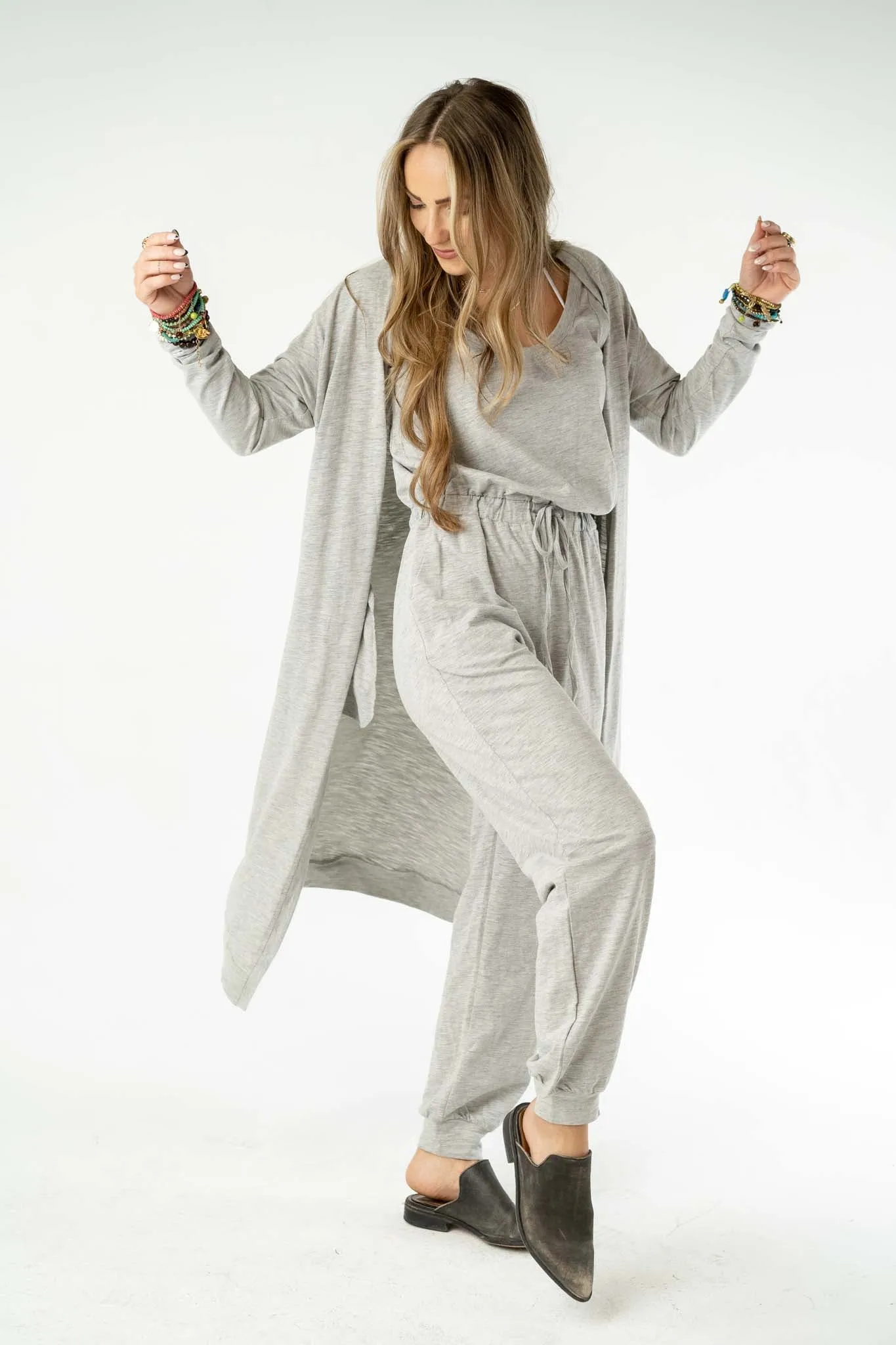 Set to Go Textured Jumpsuit And Cardigan Set - Heather Gray