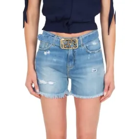 SHORT IN JEANS CON STRAPPI E FIBBIA LOGO, BLU