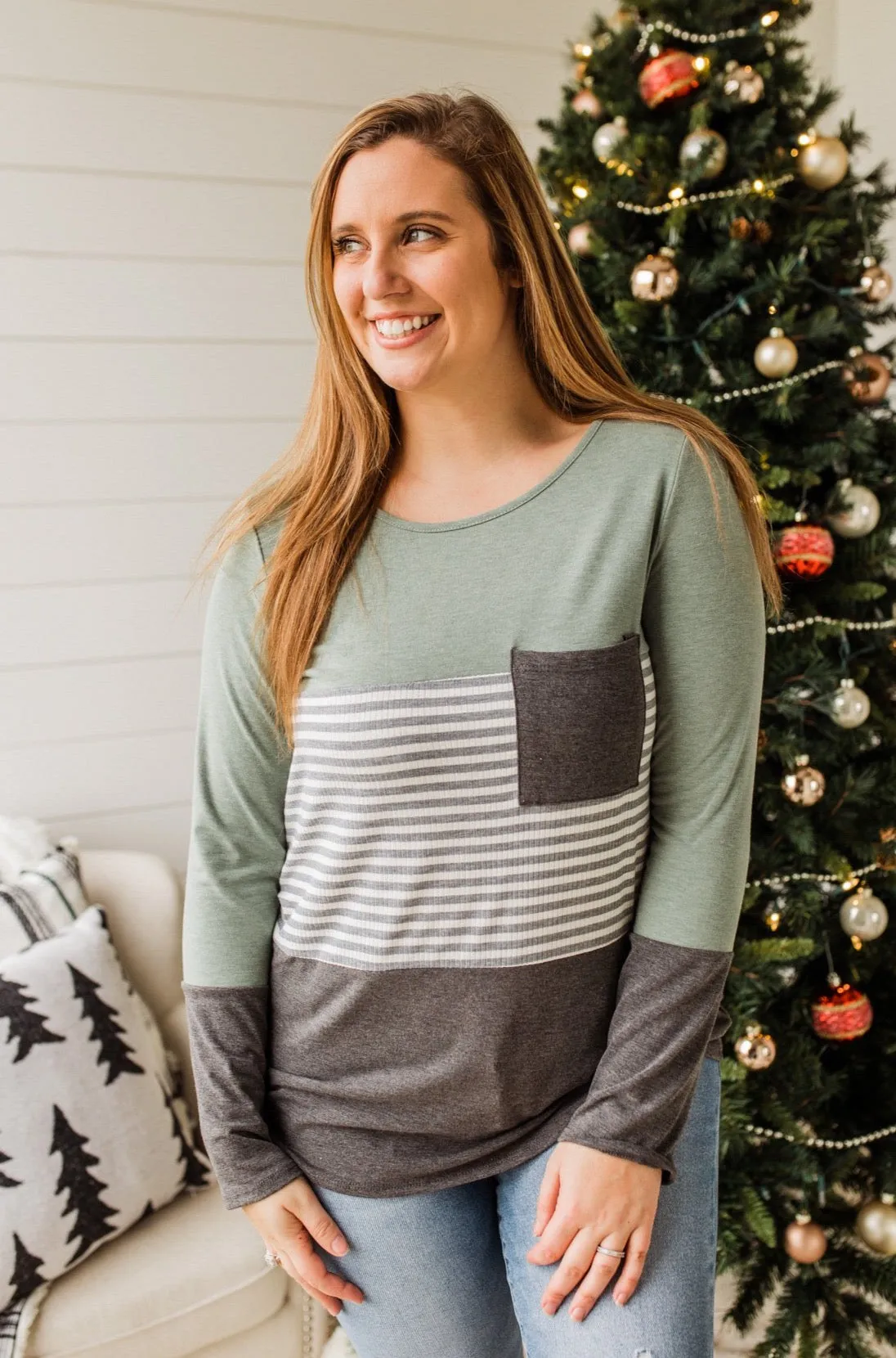 Simple Moments Color Block Top- Sage & Charcoal