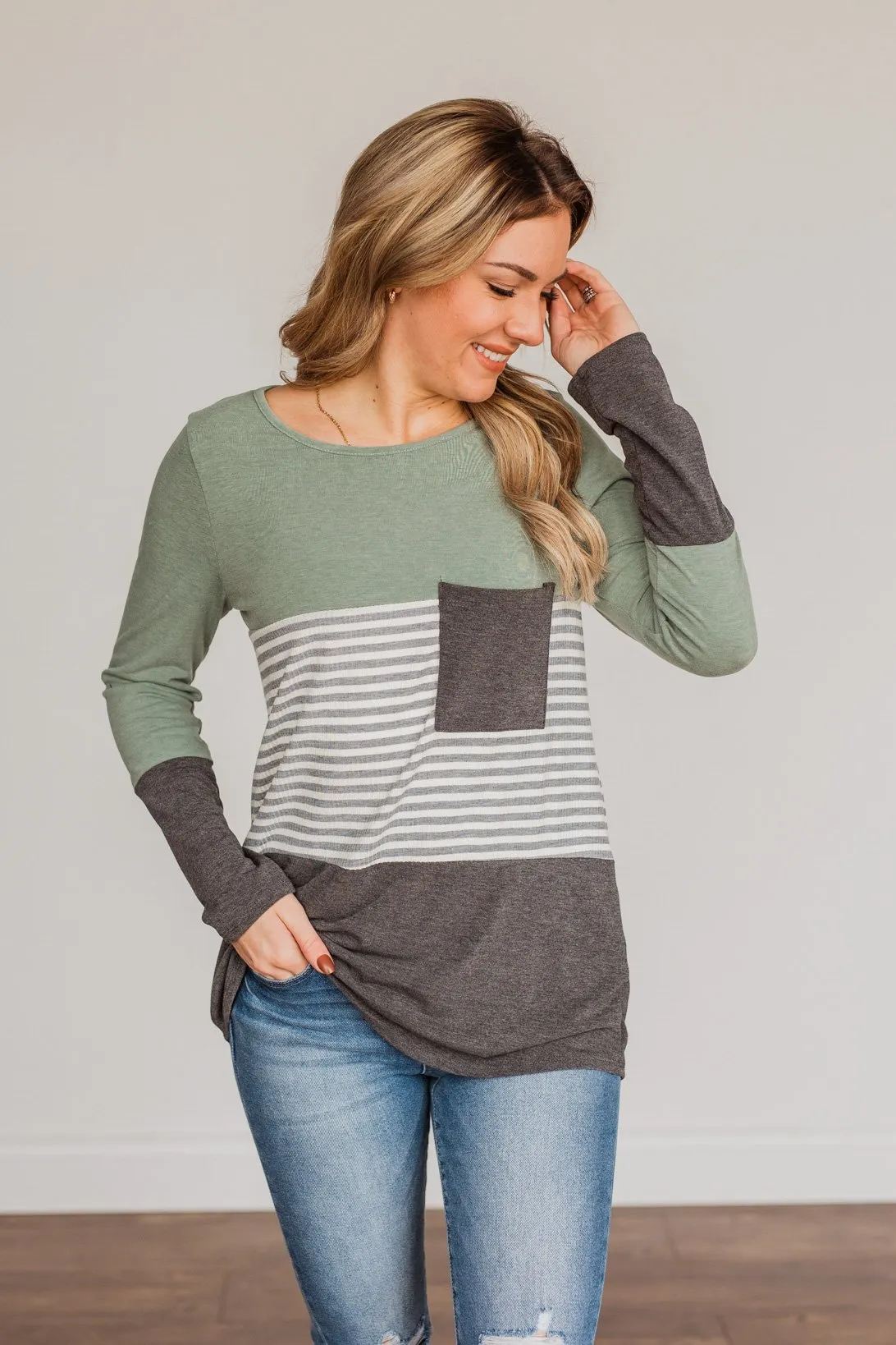 Simple Moments Color Block Top- Sage & Charcoal