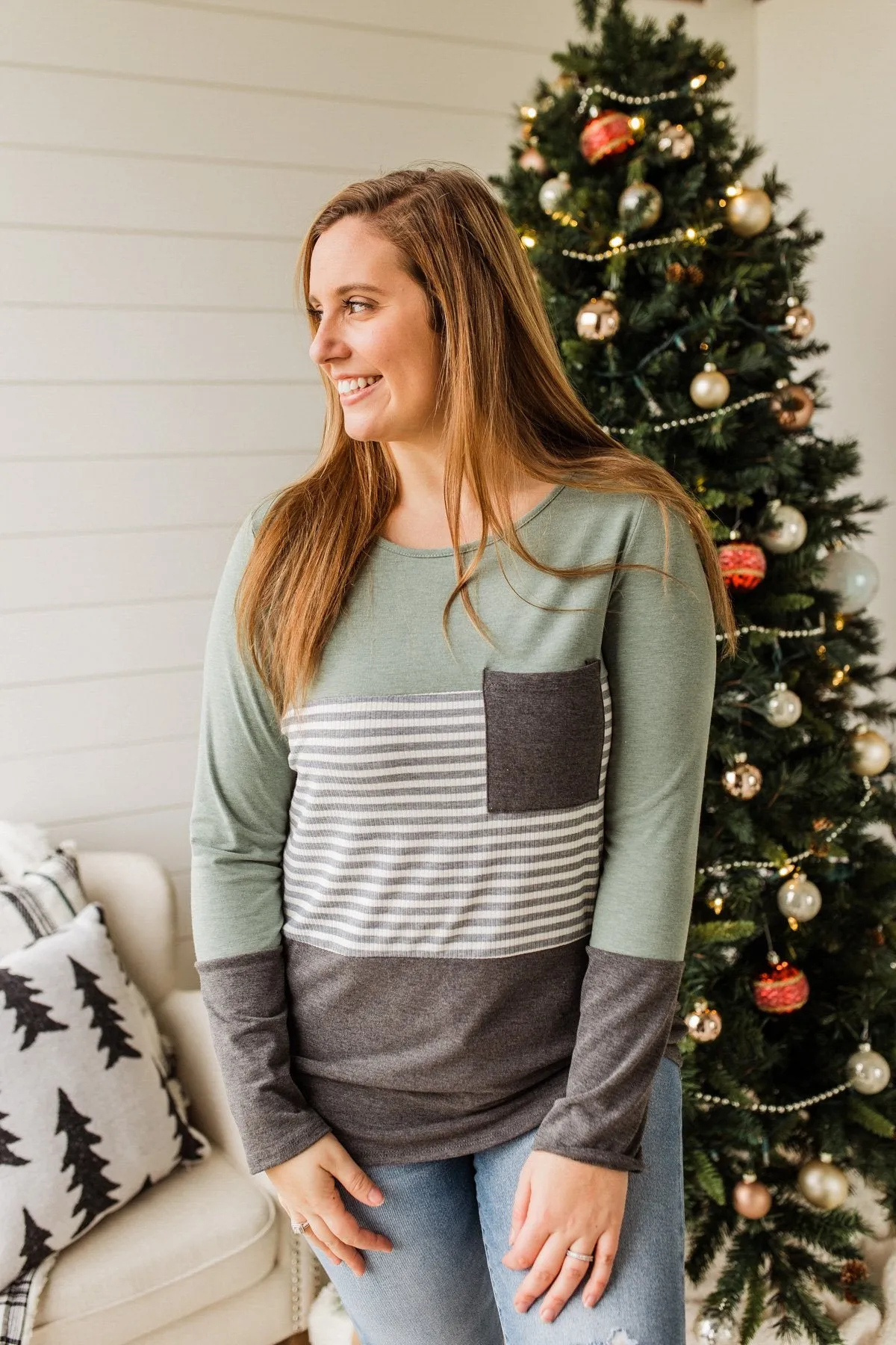 Simple Moments Color Block Top- Sage & Charcoal