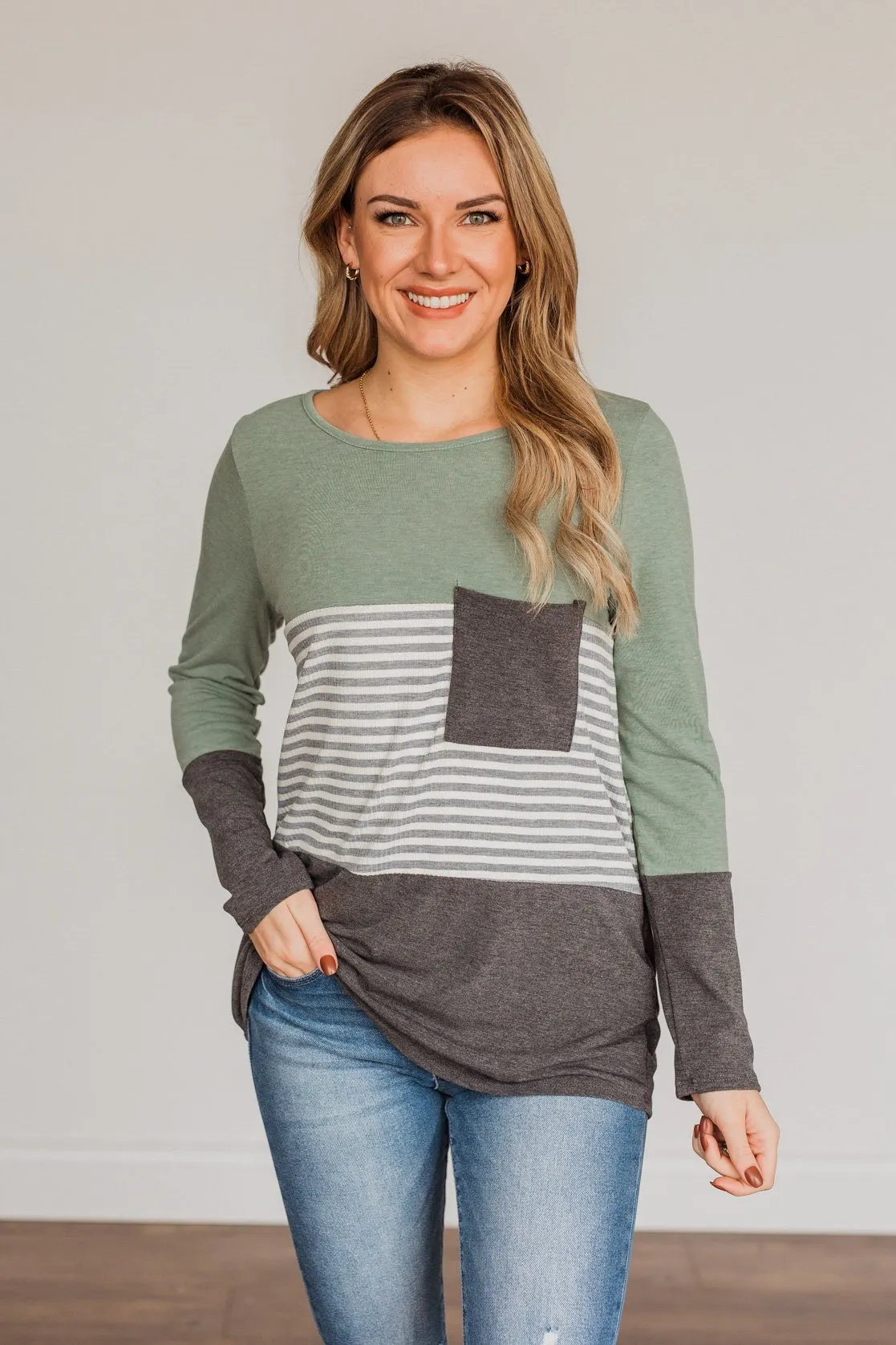 Simple Moments Color Block Top- Sage & Charcoal