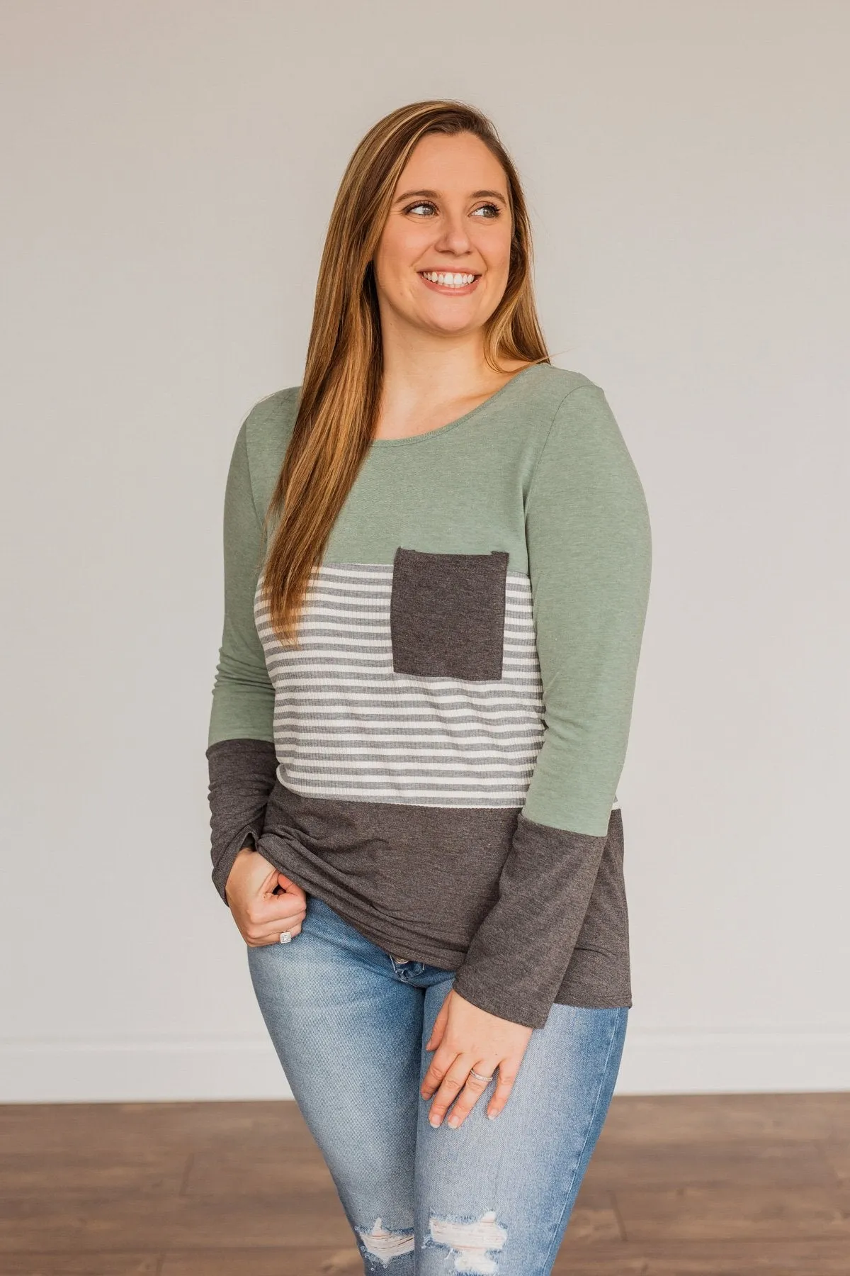 Simple Moments Color Block Top- Sage & Charcoal