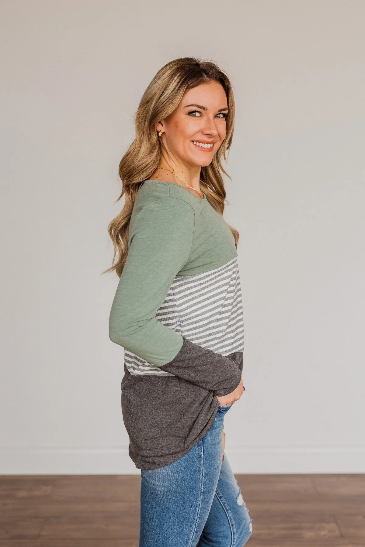 Simple Moments Color Block Top- Sage & Charcoal