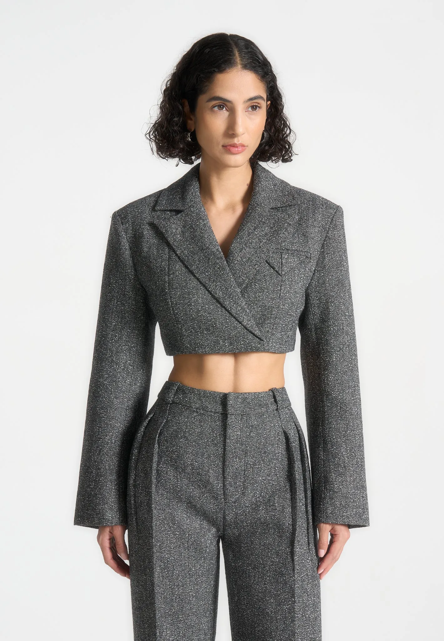 Tailored Wool Wide Shoulder Blazer - Grey