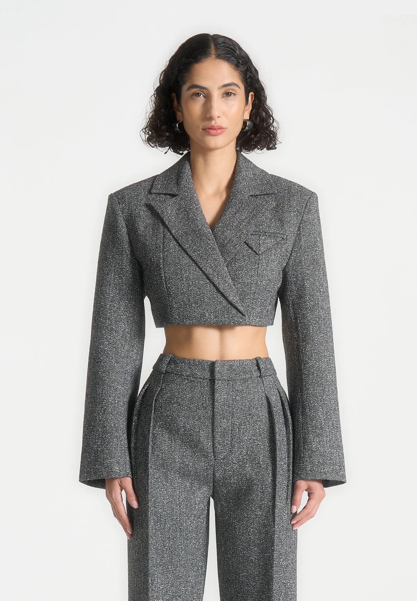 Tailored Wool Wide Shoulder Blazer - Grey